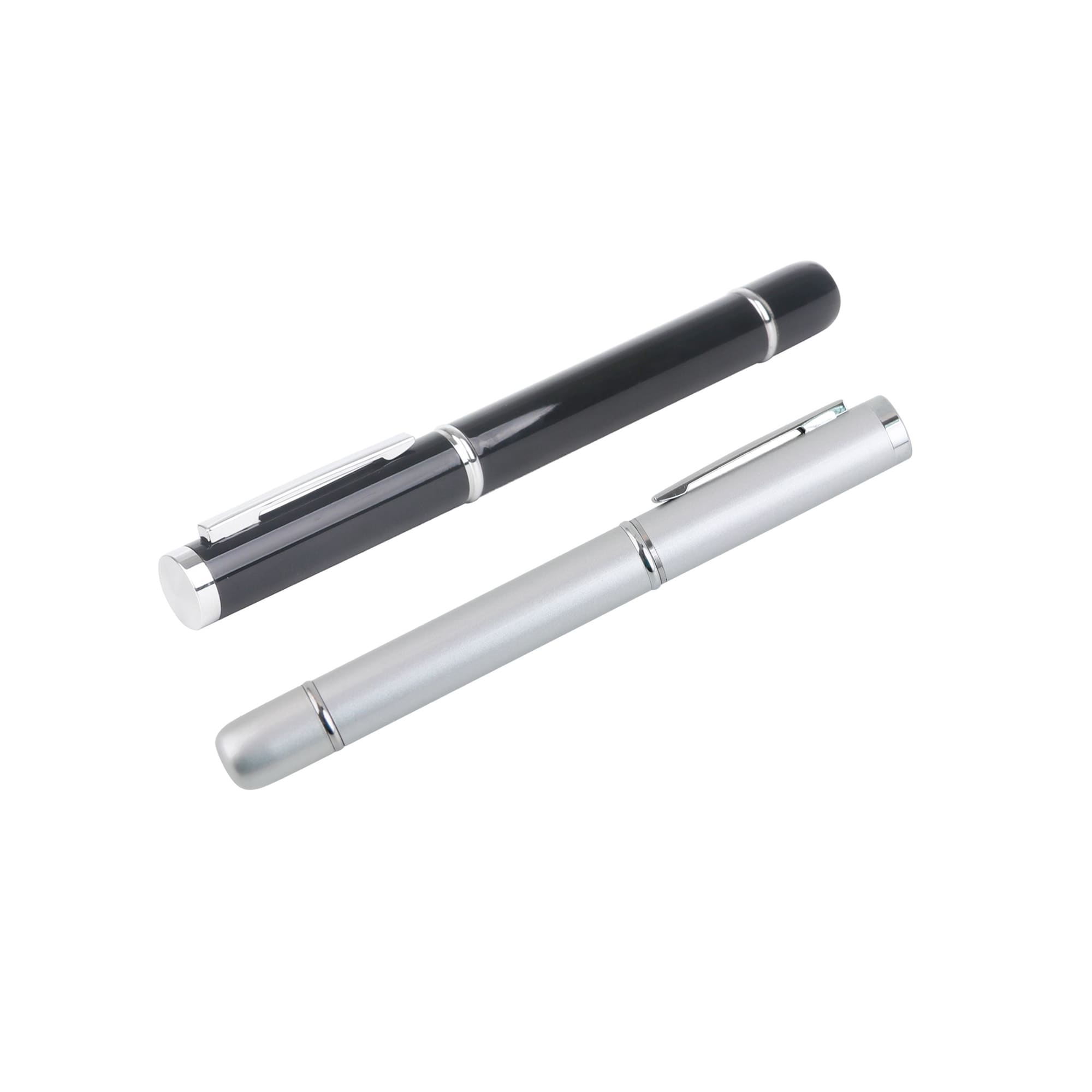A black and silver USB memory pen, resembling a traditional pen, with a clip for attachment. Both have branding. Ink USB Memory Pen - Image 1