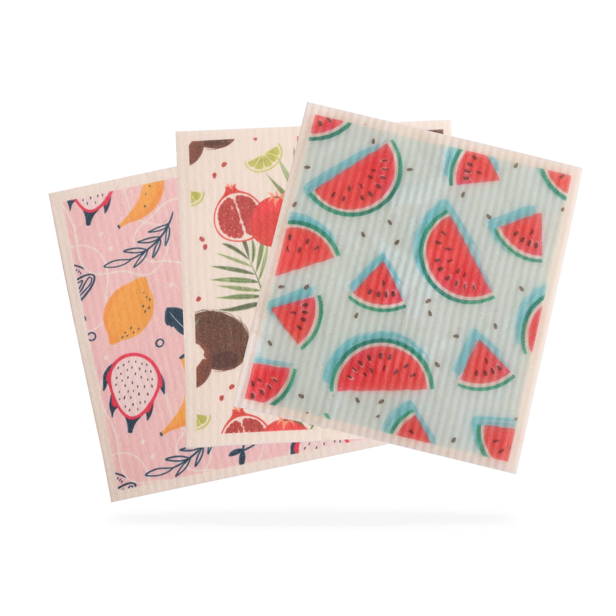 A set of four biodegradable dishwashing cloths featuring colourful fruit patterns, including watermelon and tropical designs. Biodegradable Dishwashing Cloths - Image 1