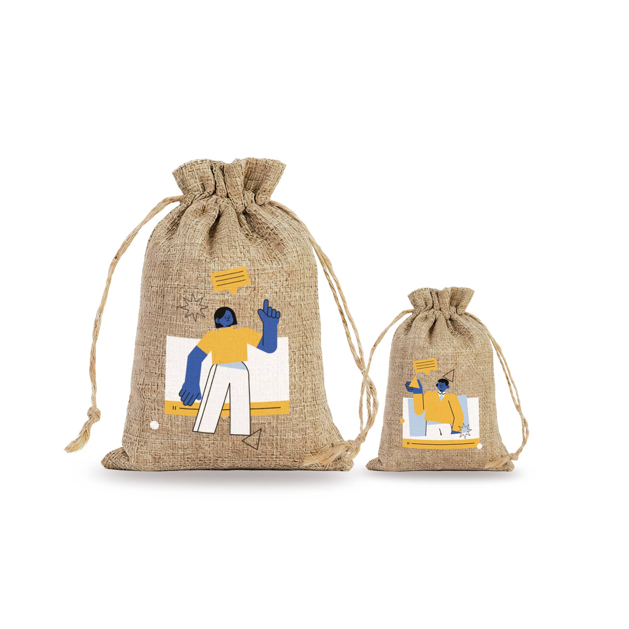 Linen drawstring gift bags in natural beige, featuring illustrations and a logo, available in two sizes. Linen Drawstring Gift Bags - Image 1