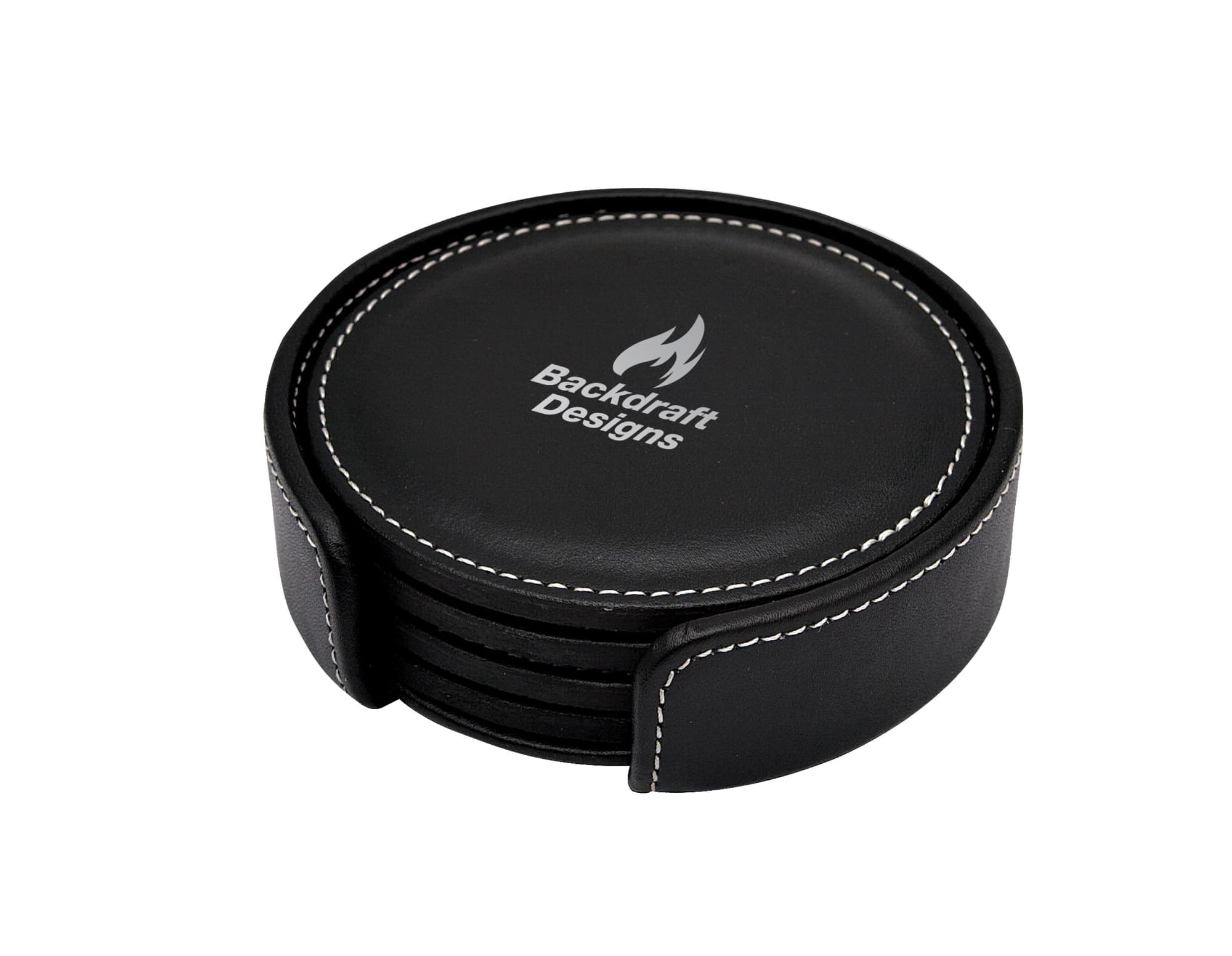 A round black coaster set with a matching holder, featuring a logo on the top coaster. Vibe Coaster Set - Image 1