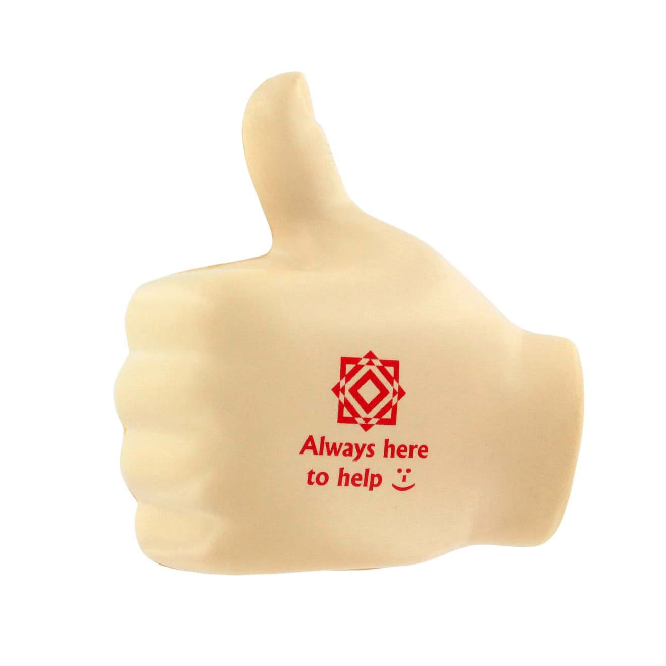 A beige thumb-shaped stress reliever with a logo and the phrase "Always here to help." Big Thumb Shape Stress Reliever - Image 1