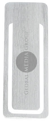 A rectangular metal clip with a brushed silver finish, featuring a circular logo in the centre. Biz Clip - Rectangle - INDENT - Image 1