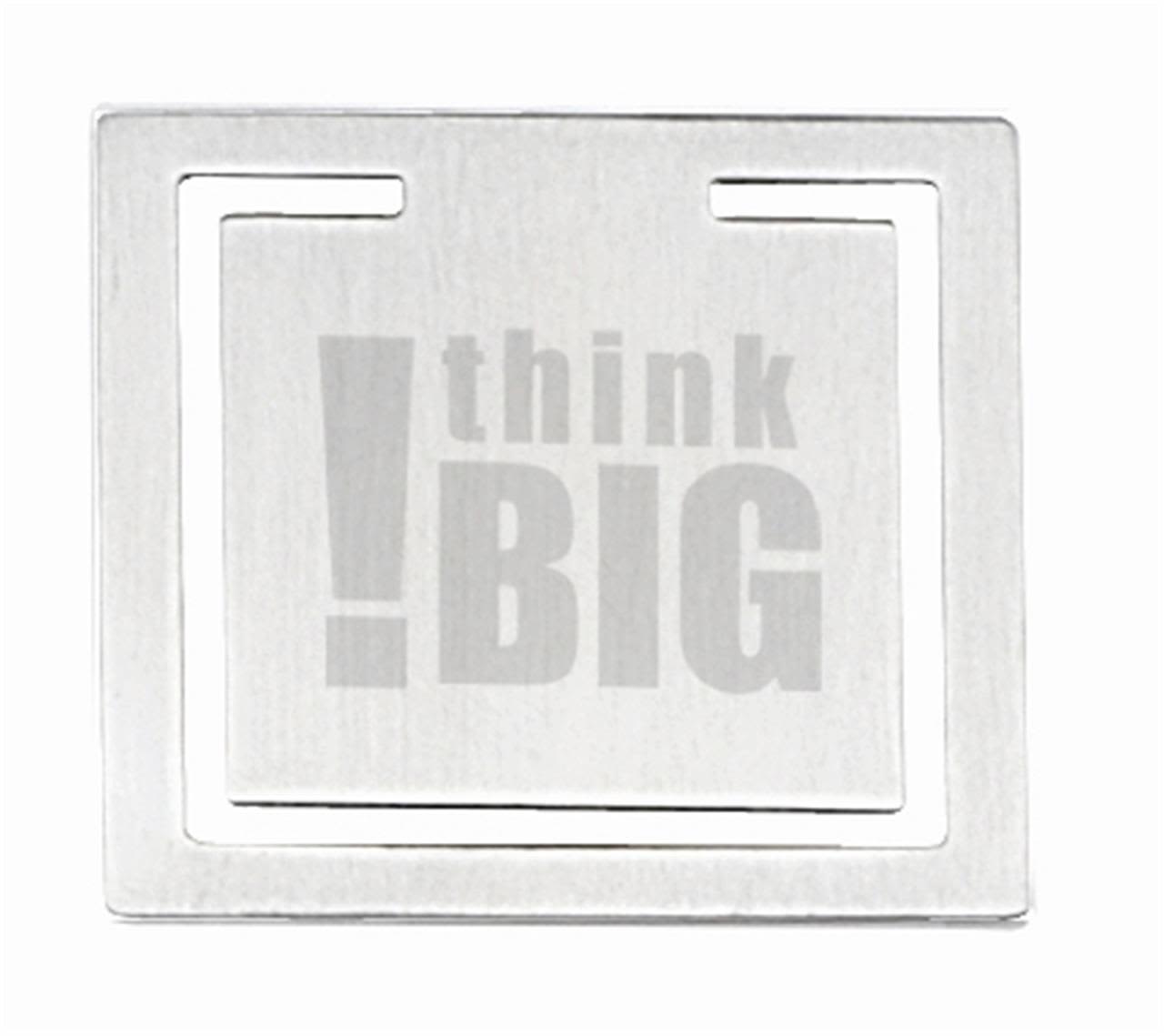 A square metal clip with a brushed finish and a logo. It has cut-out sections at the top. Biz Clip - Square - INDENT - Image 1