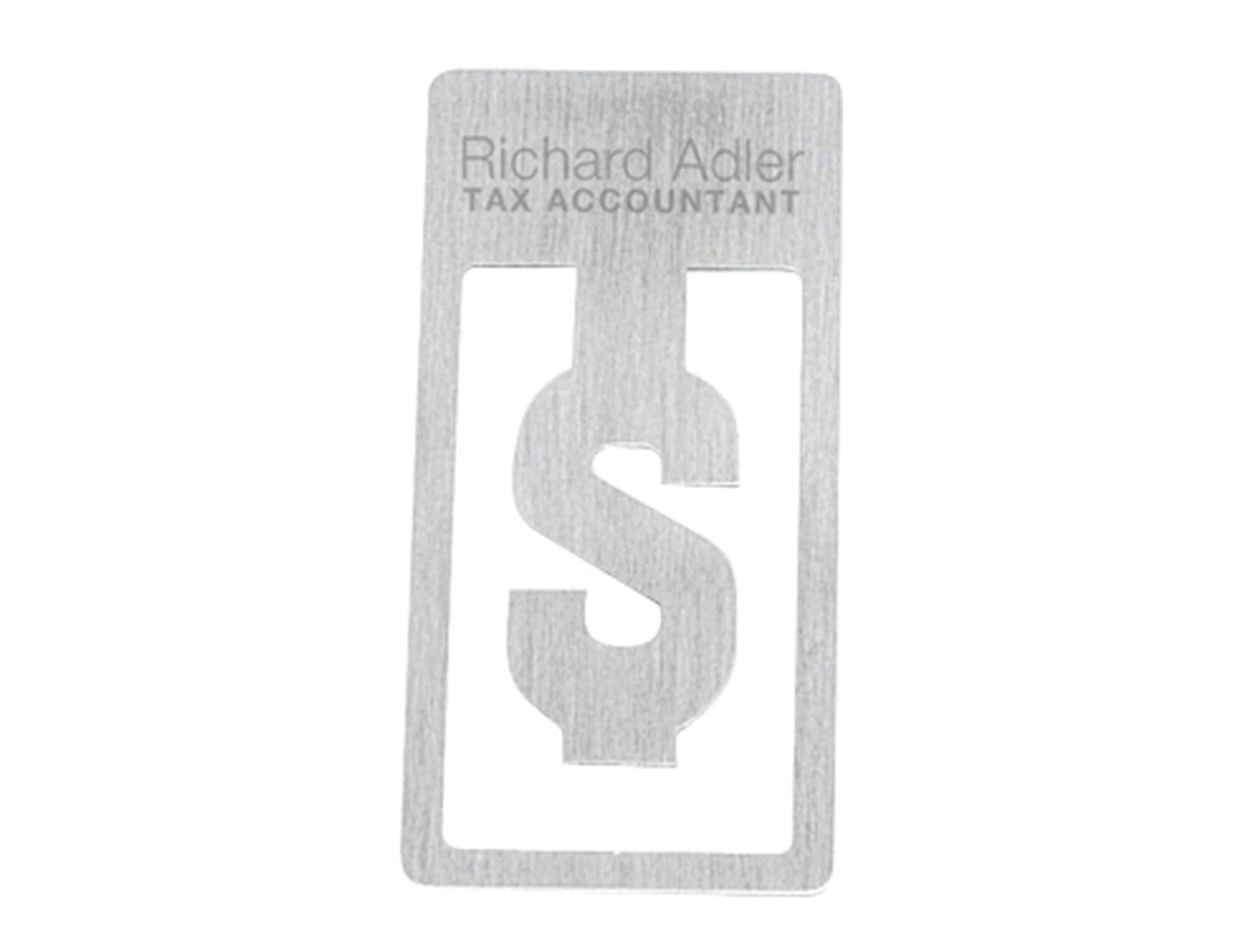 A silver business card featuring a dollar sign cut-out design and branding. Biz Clip - Dollar Sign - INDENT - Image 1