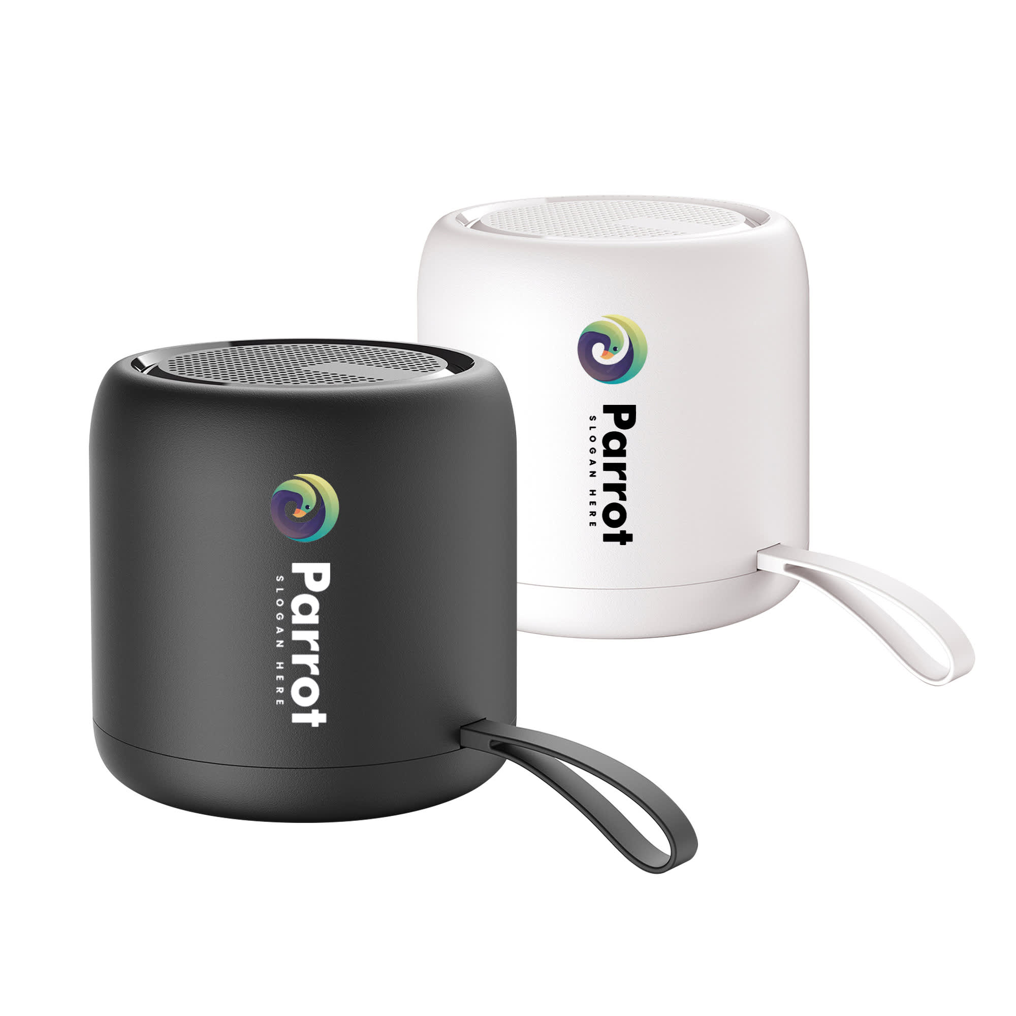 A pair of portable Bluetooth speakers in black and white with a handle, featuring a logo on each. F11 Portable Waterproof Bluetooth Speaker - Image 1