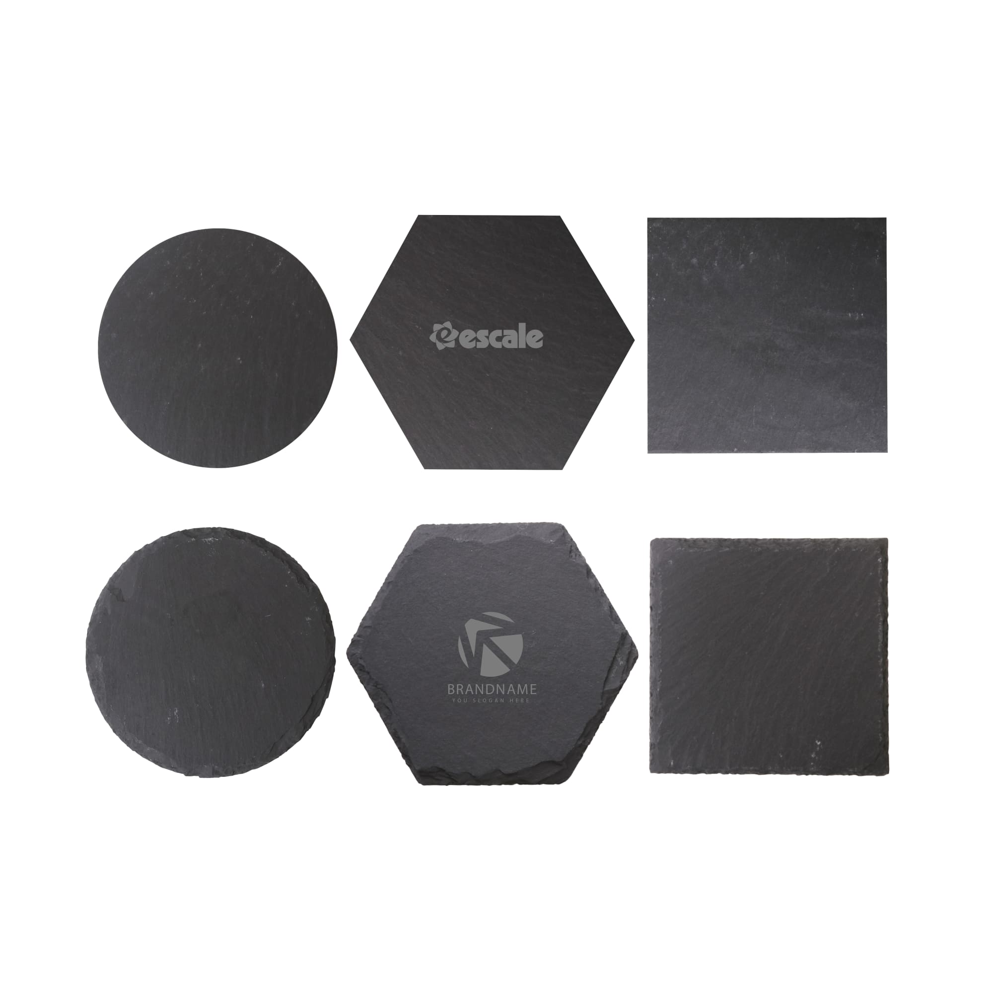 A set of slate coasters in various shapes: round, square, and hexagonal, featuring an embossed logo on some. Slate Coasters - Image 1