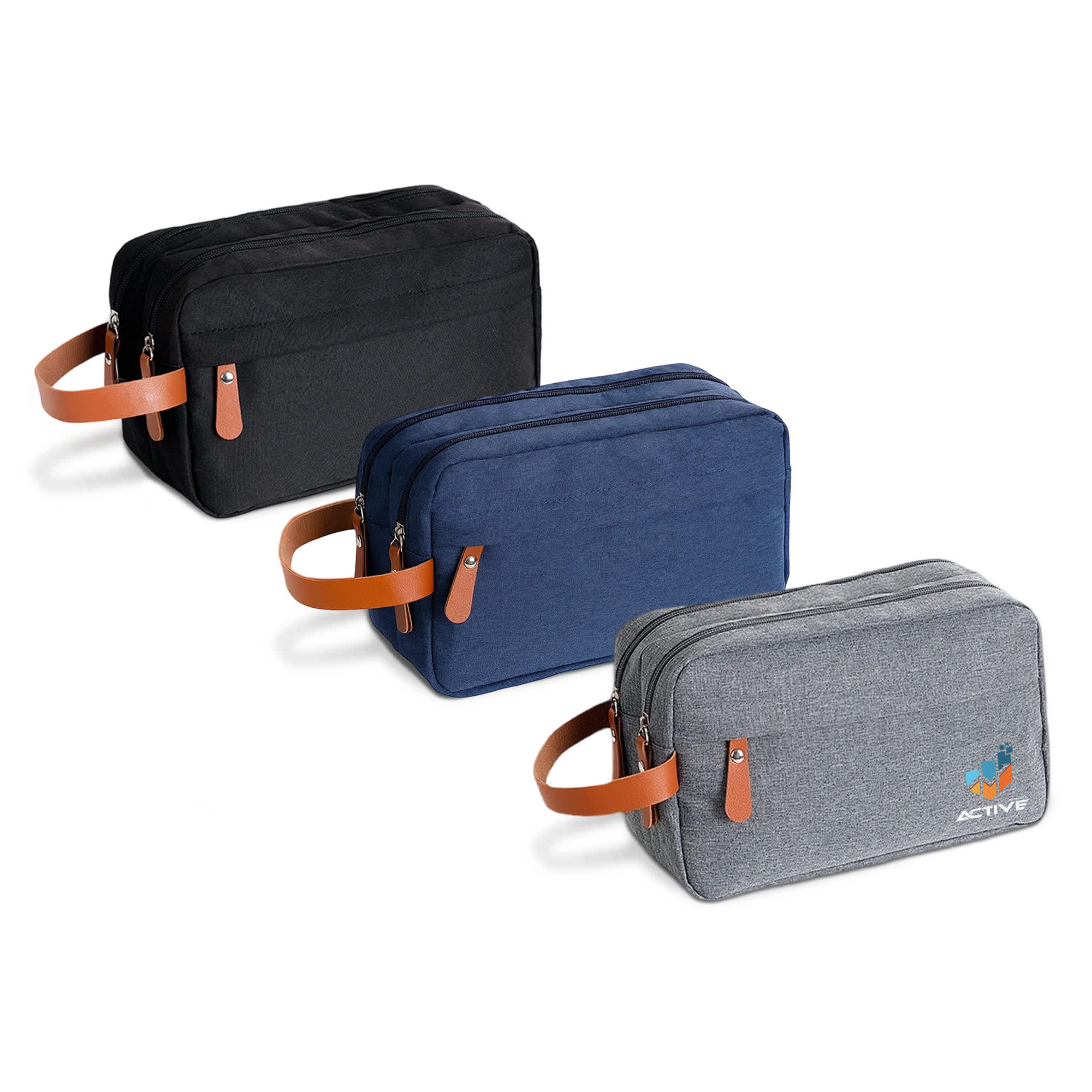 Three toiletry bags in black, navy, and grey, featuring leather handles and a logo on one bag. Classic Toiletry Bag - Image 1