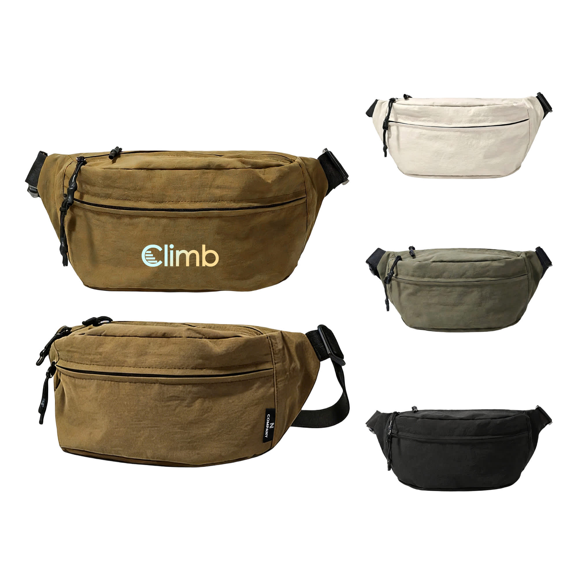 A large bum bag in khaki, cream, olive green, and black with a logo on the front. Large Bum Bag - Image 1