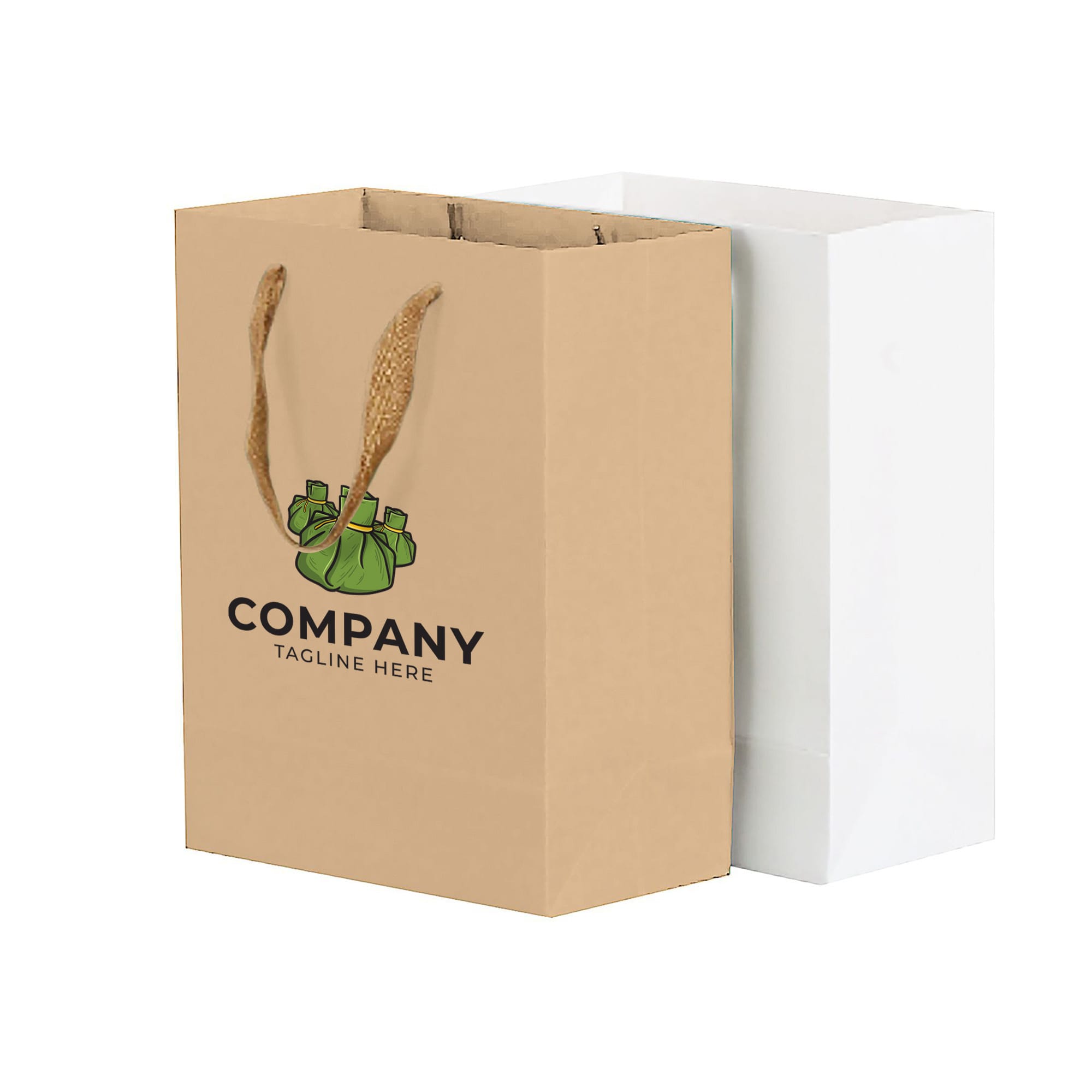 Two large vertical paper bags, one brown with fabric flat handles and a logo, and one plain white. Large Vertical Paper Bag with Fabric Flat Handle(300 x 400 x 110mm) - Image 1