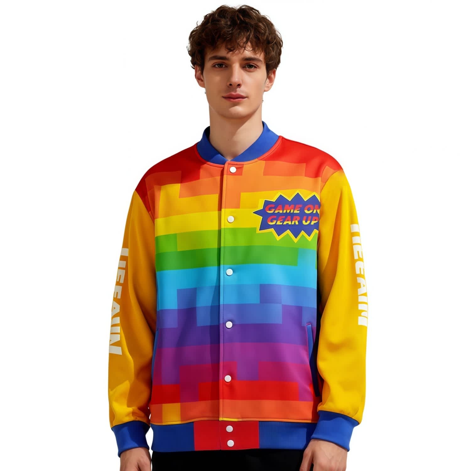 A vibrant unisex track jacket featuring a rainbow design with blue, yellow, red, and orange colours. It has a logo on one side. Unisex Polyester Spandex Sublimated Track Jacket - Image 1