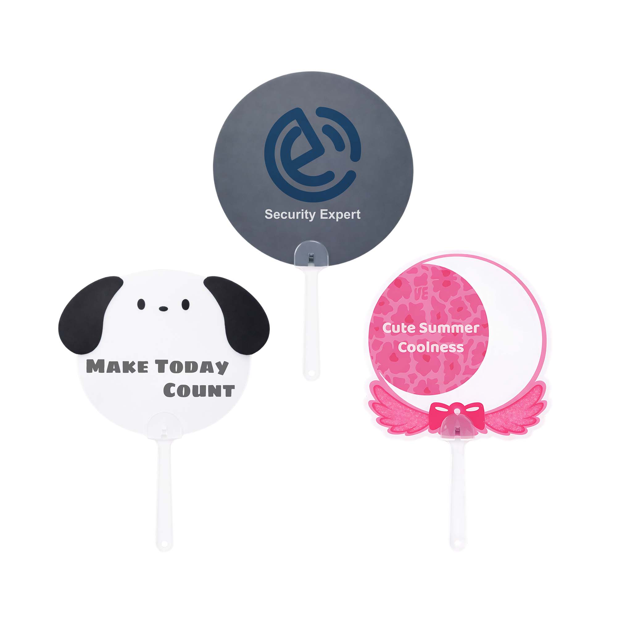 Three custom shape hand fans featuring a grey design, a dog design in white, and a pink design with decorative elements. Custom Shape PP Hand Fan - Image 1