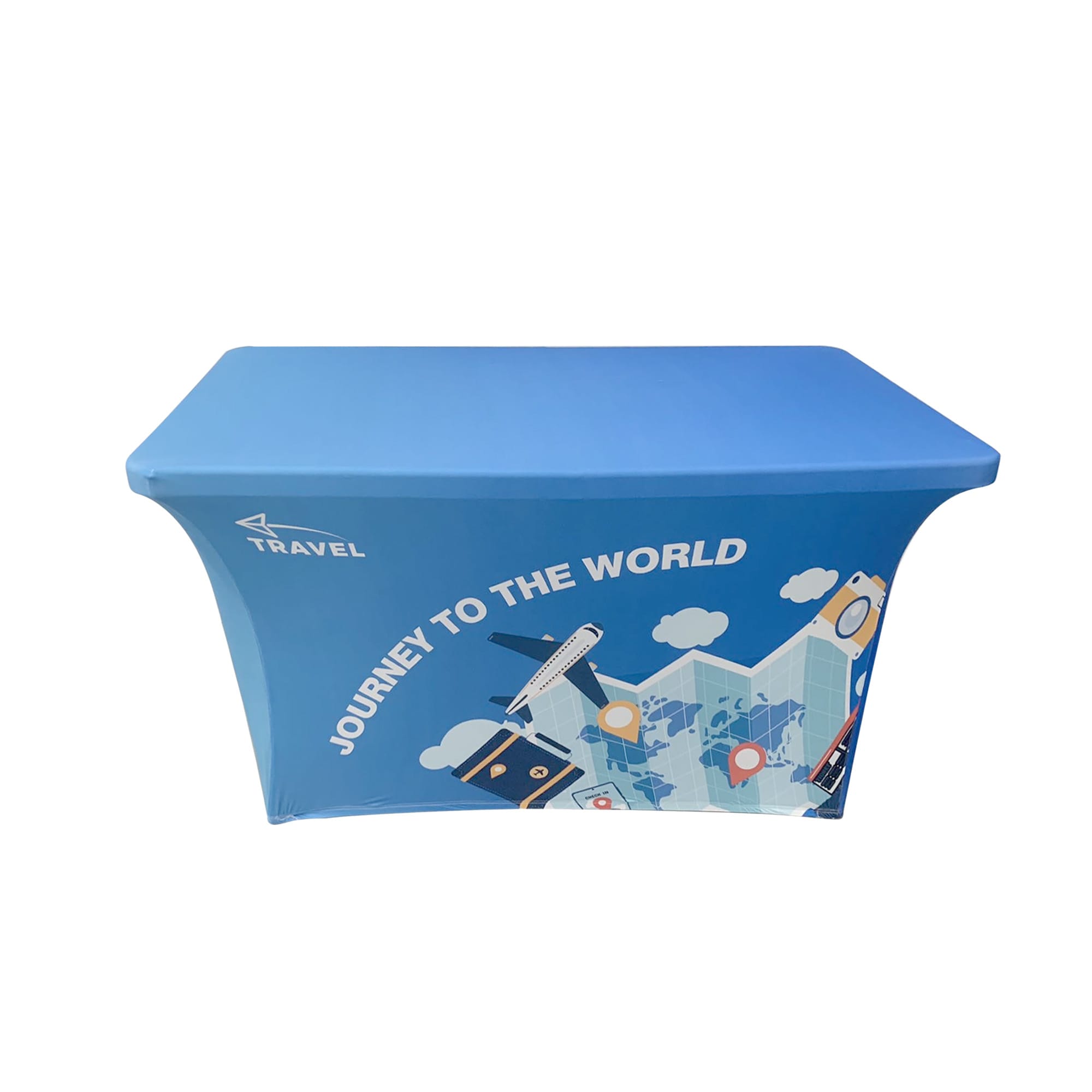A blue stretch table cover with an open back, featuring travel-themed designs and a logo. Stretch Table Covers with Open Back * 8ft - Image 1