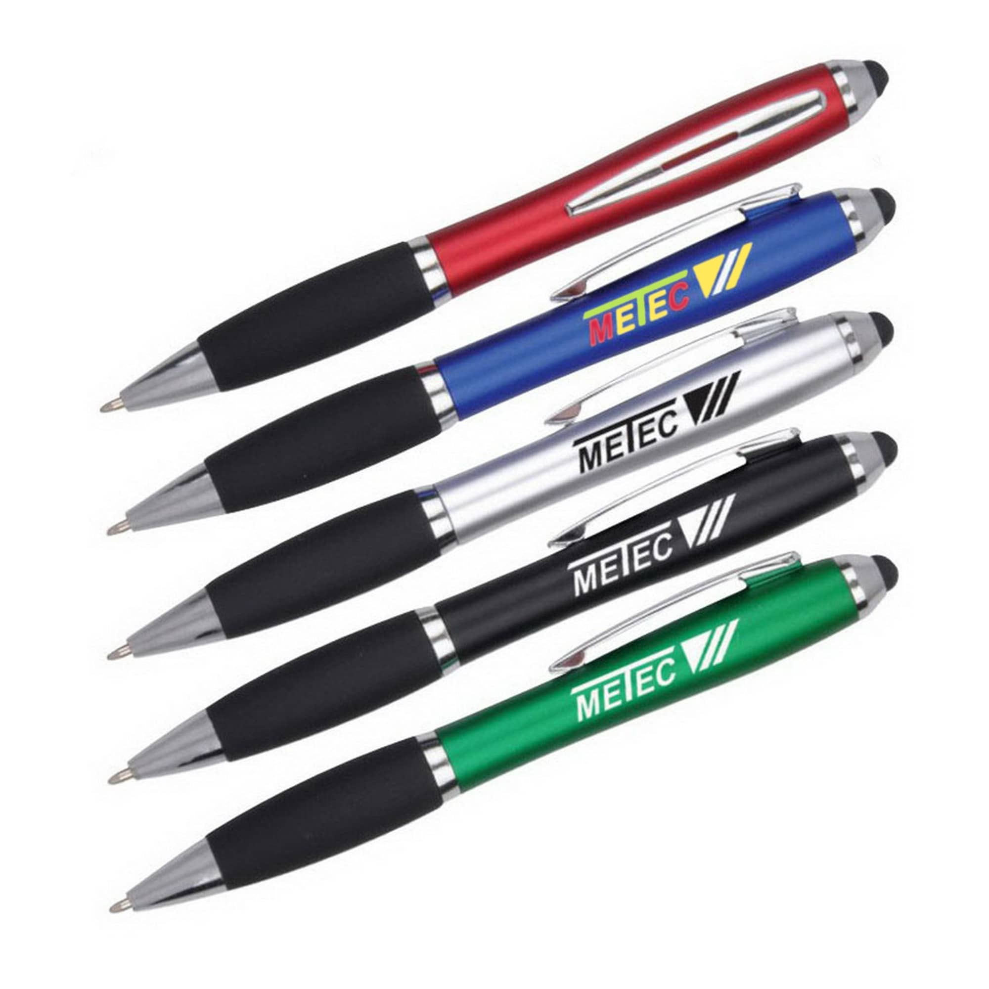 A set of stylus pens in red, blue, black, and green with silver accents and black grip sections. Each pen has a logo. Calabash Stylus Pen - Image 1
