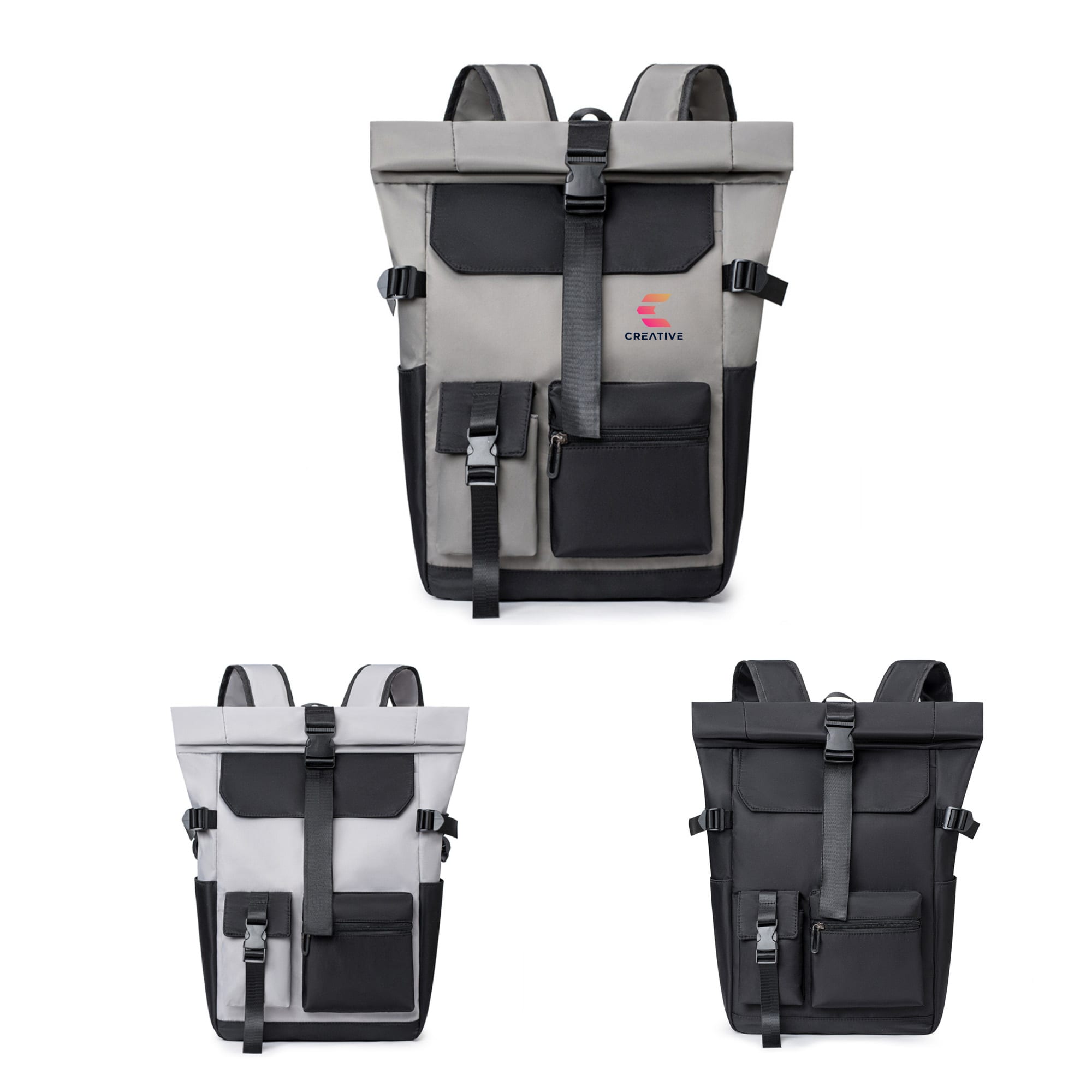 A roll top backpack featuring multiple pockets, available in grey and black with adjustable straps and a logo. Multi-pocket Roll Top Backpack - Image 1