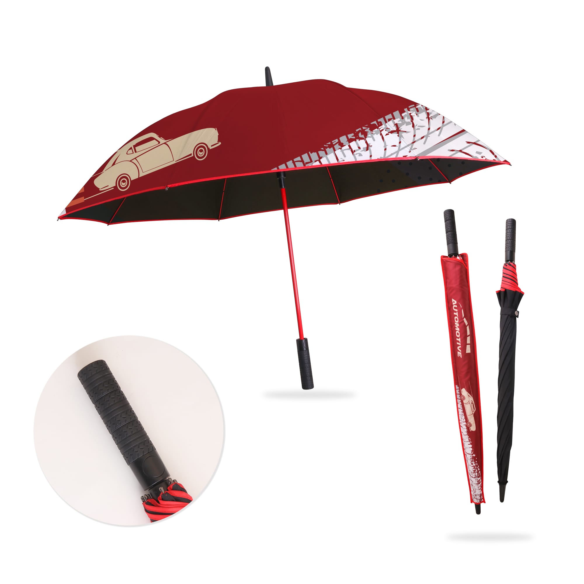A red and white umbrella featuring a car design, with a black handle and a compact foldable shape. Tire Handle Car Umbrella - Image 1
