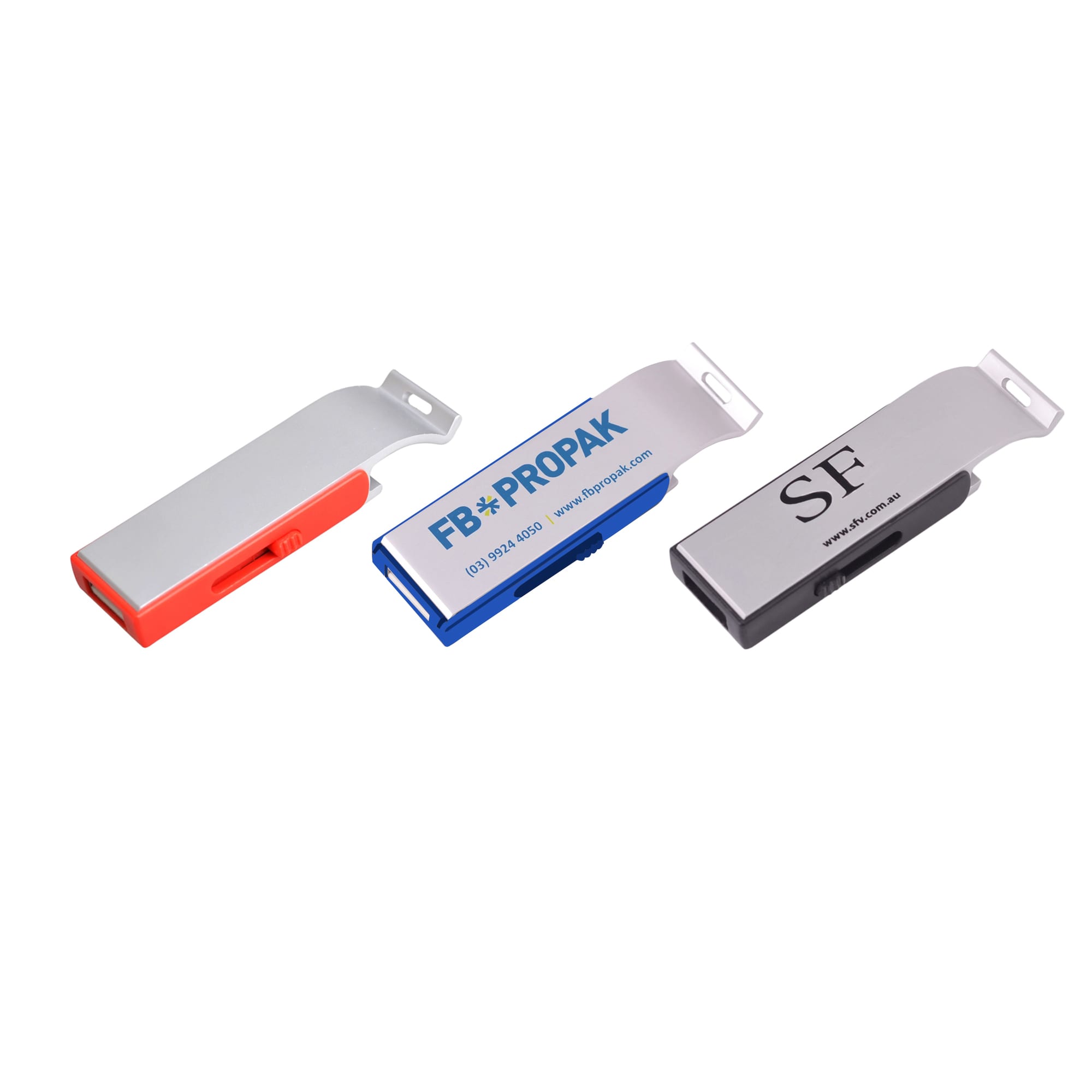A drink bottle opener with a metallic finish, featuring red, blue, and black colour options, serves as a flash drive. Bottle Opener Flash Drive - Image 1
