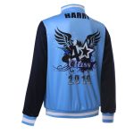 A blue and navy sports jumper with a design featuring stars and wings, including a back logo and name.