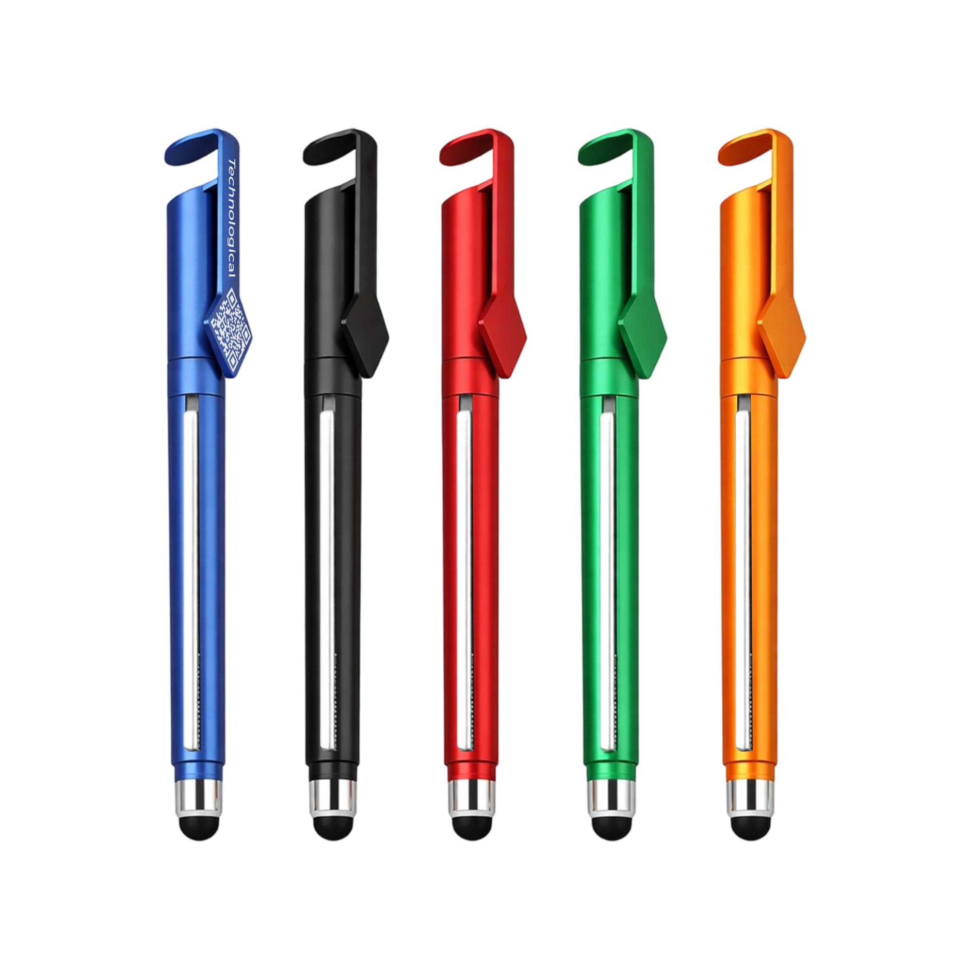 A set of five 4 in 1 QR Code Banner Pens in blue, black, red, green, and orange, each featuring a clip and logo. 4 in 1 QR Code Banner Pen - Image 1