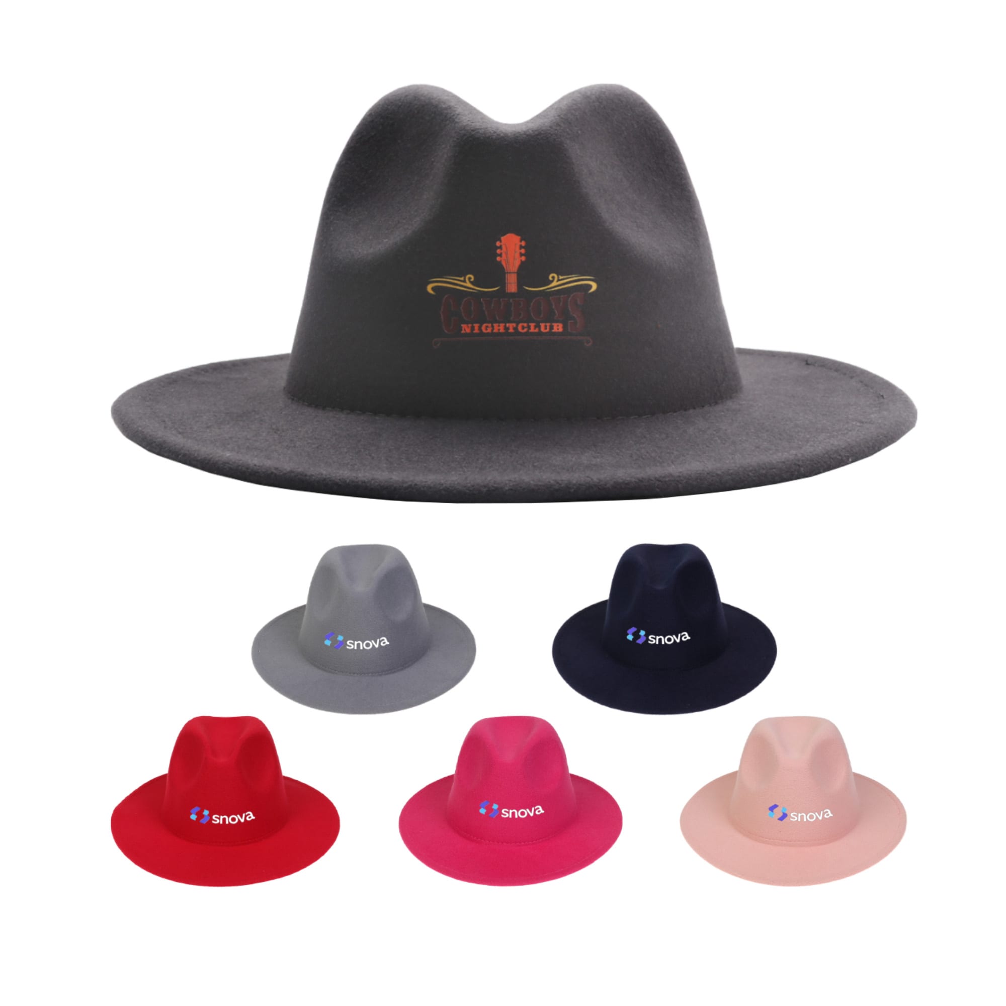 A felt wide brim fedora hat collection in various colours including grey, navy, pink, and light pink, with logos. Felt Wide Brim Fedora Hat - Image 1