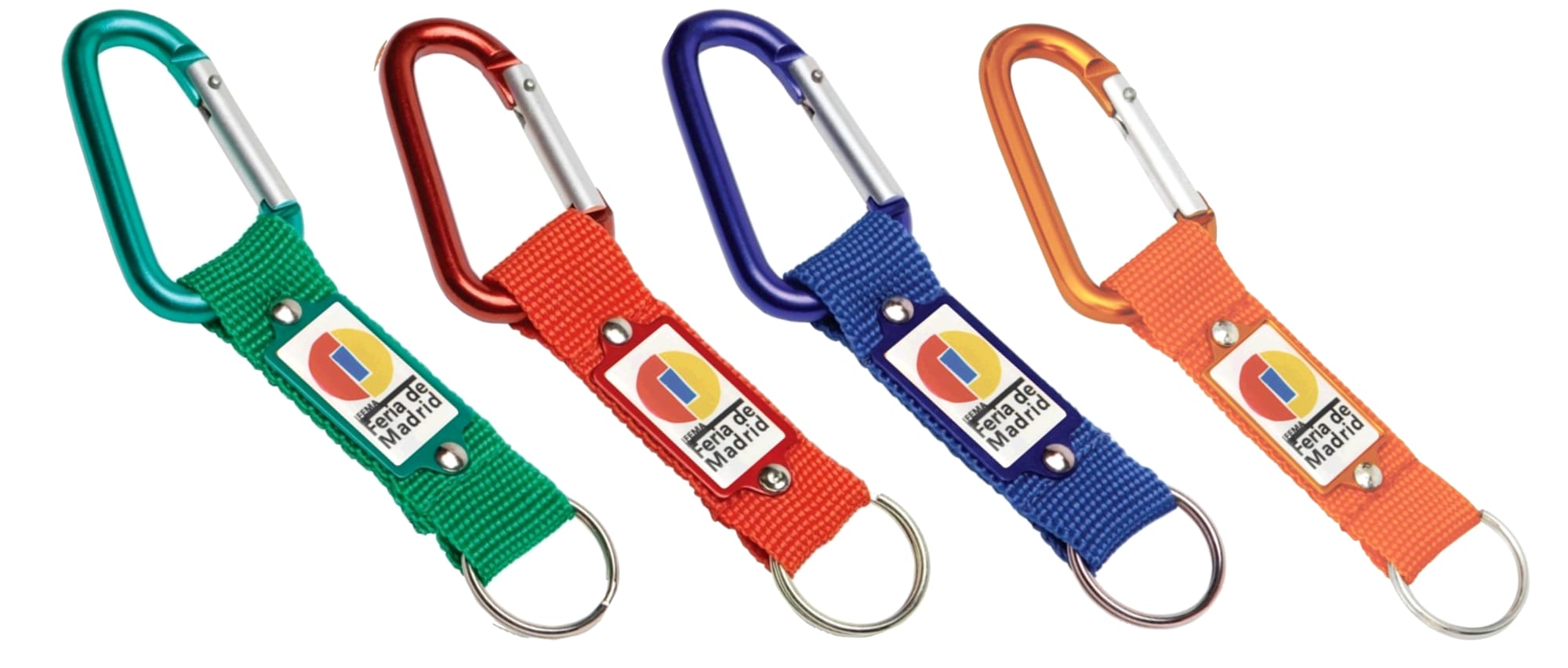 A set of four keyrings with colourful carabiners and fabric straps, featuring a logo on each. Glacier Combo K/Ring- Indent- Dome Print - Image 1