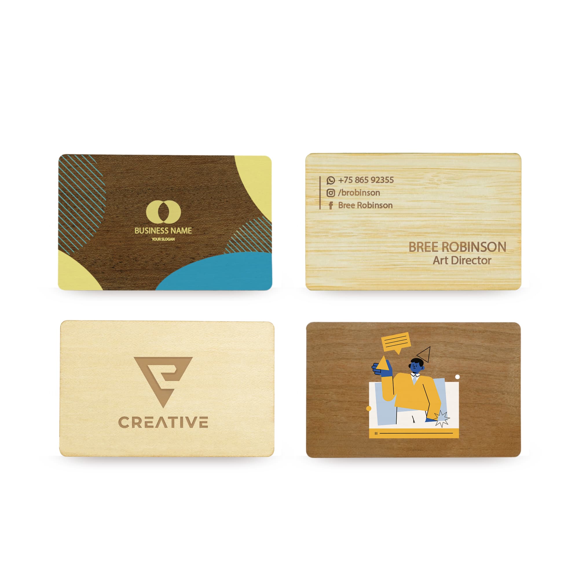 A collection of bamboo business cards, featuring different designs, colours, and a logo on one card. NFC Bamboo Business Card - Image 1
