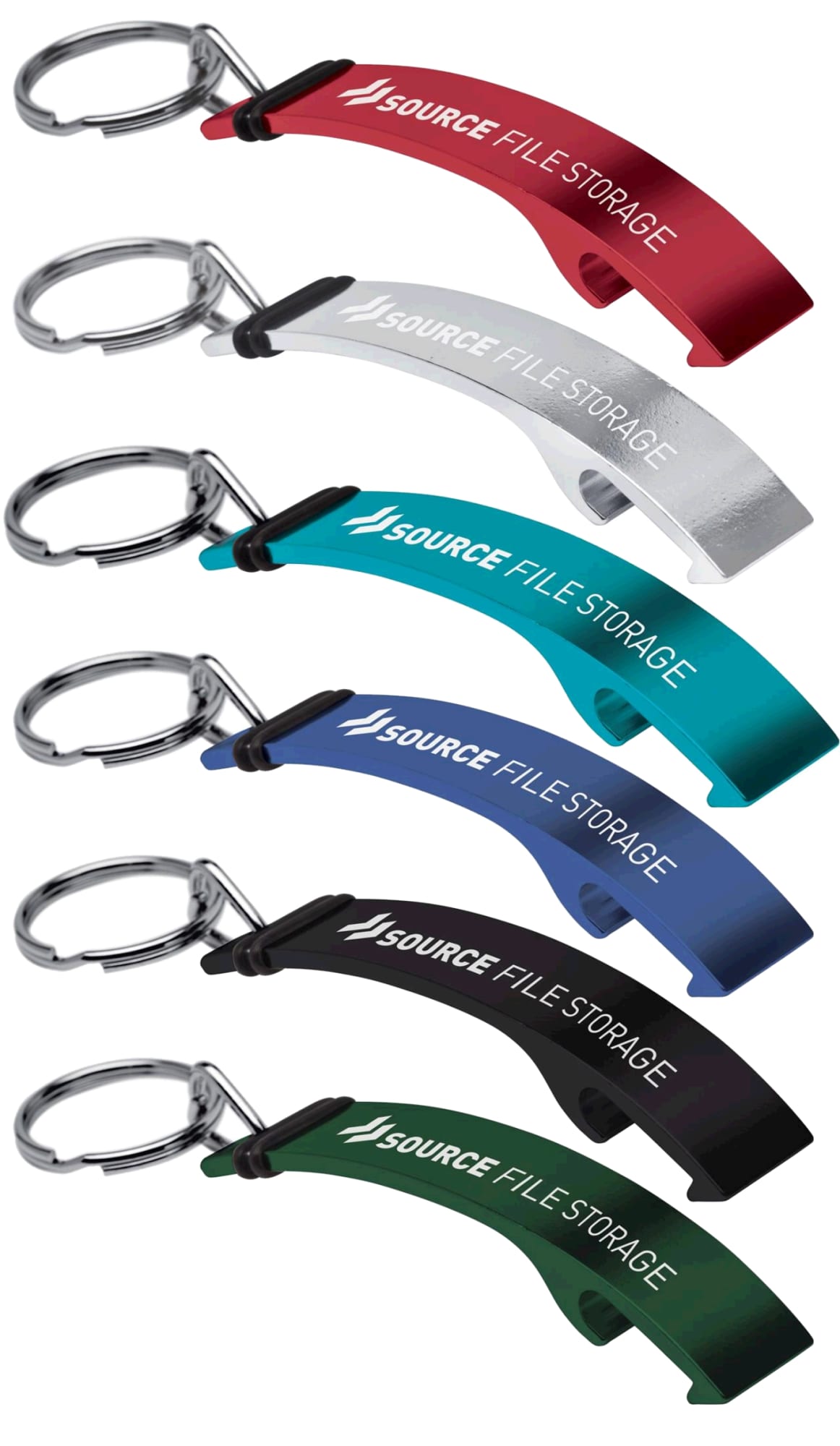A drink bottle opener keyring available in red, silver, teal, black, and blue, featuring a logo. Ale Bottle Opener - Indent - Image 1