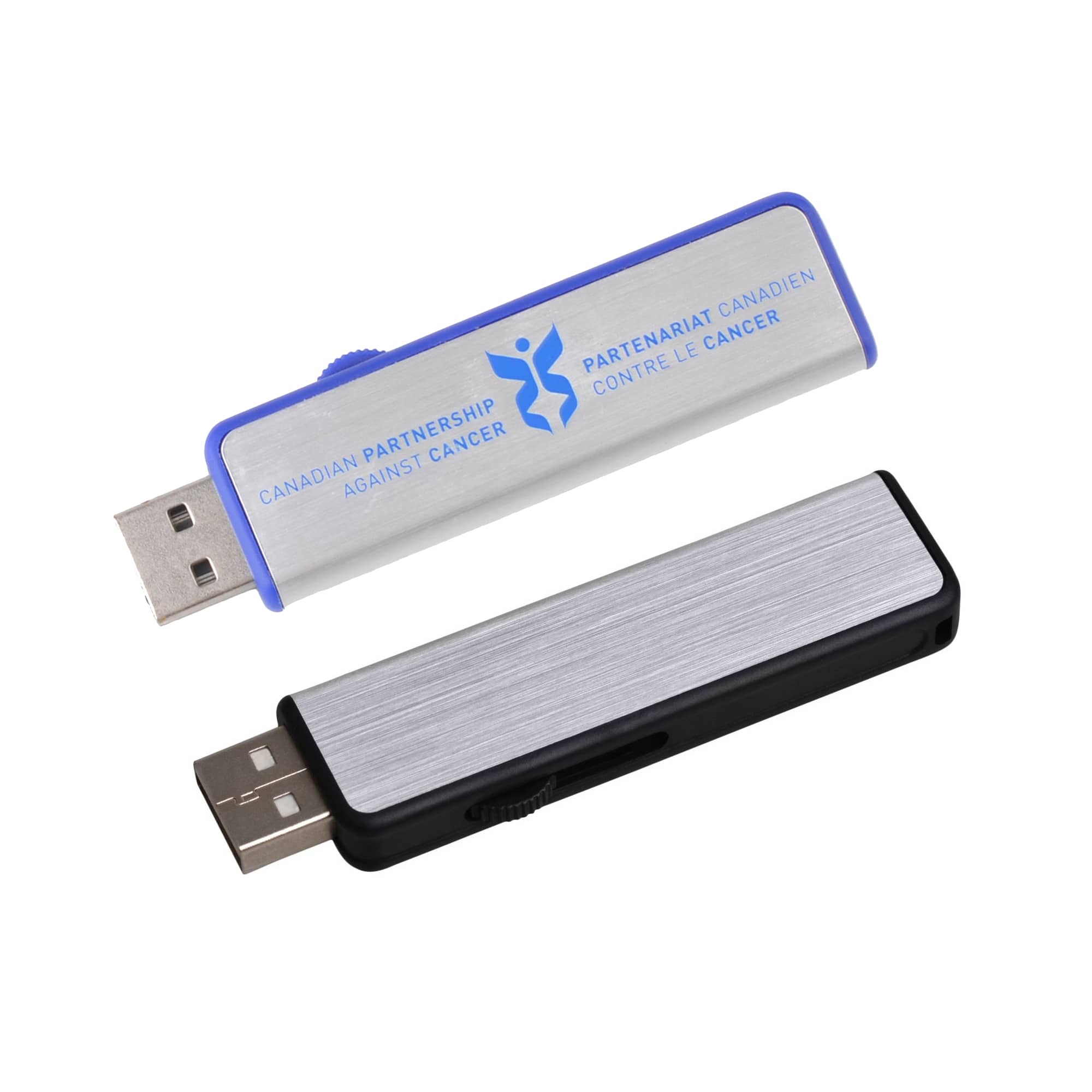 A silver and blue flash drive alongside a black and silver flash drive, both featuring a logo. Aldrin Flash Drive - Image 1
