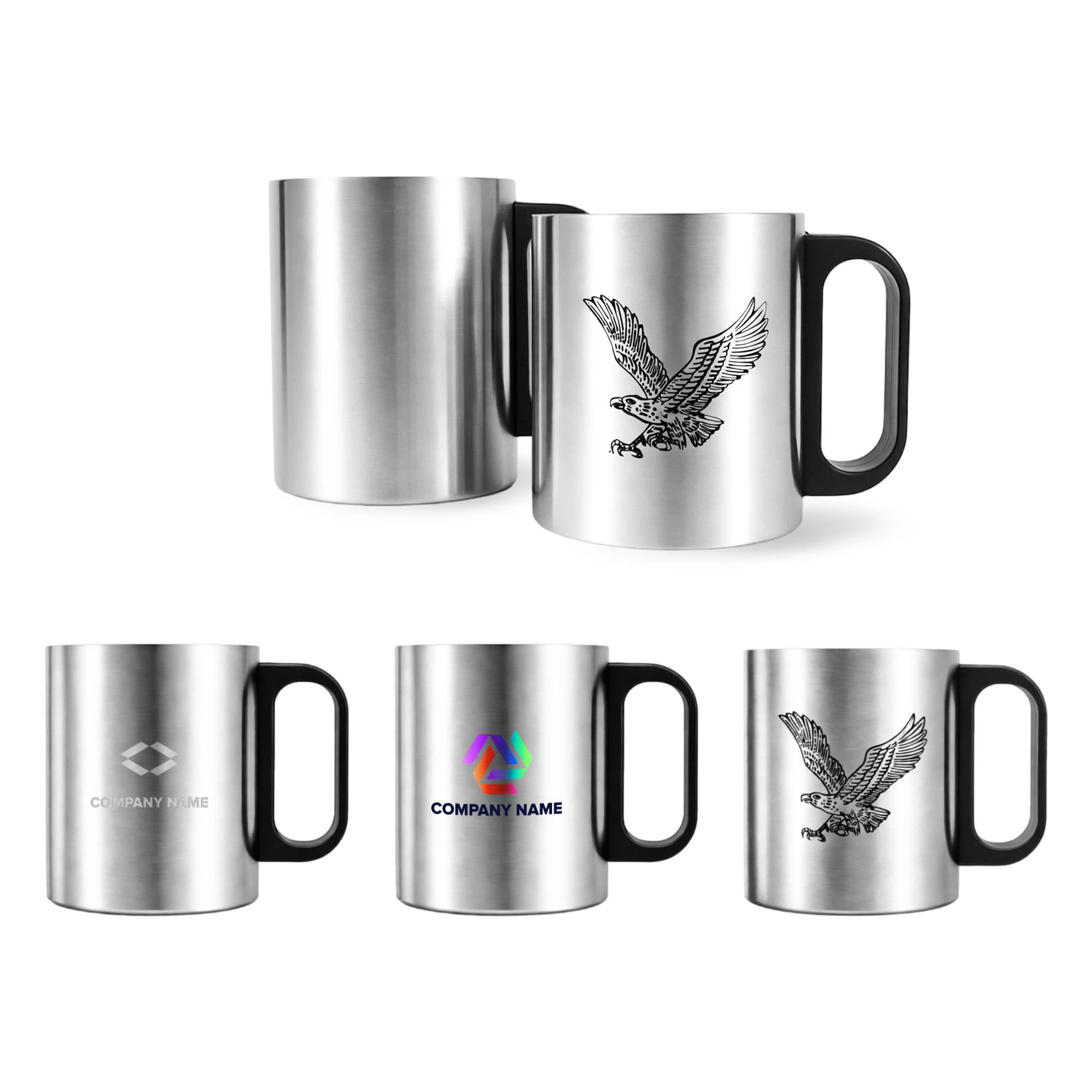 A stainless steel insulated mug with a plastic handle, featuring various designs and a logo. Available in silver with black accents. 170ML/270ML Stainless Steel Insulated Mug with Plastic Handle - Image 1