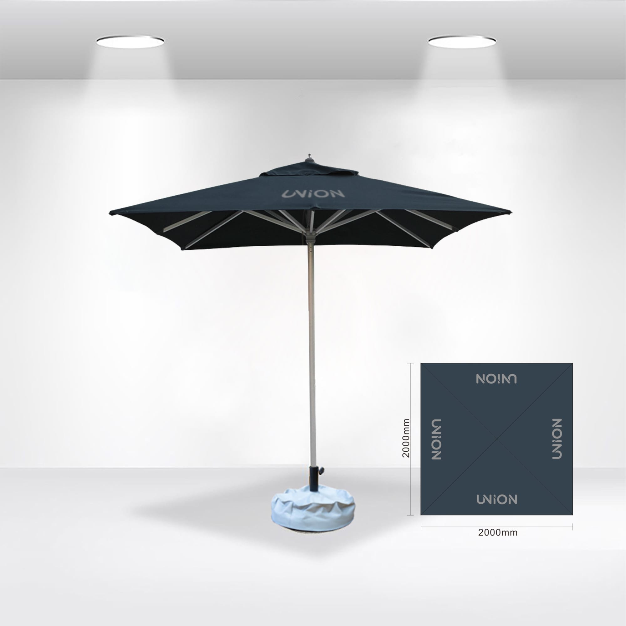 A square market umbrella in dark blue with a light blue base, featuring a logo. Dimensions are 2x2m. 2x2m Square Stock Colour Commercial Market Umbrella - Image 1