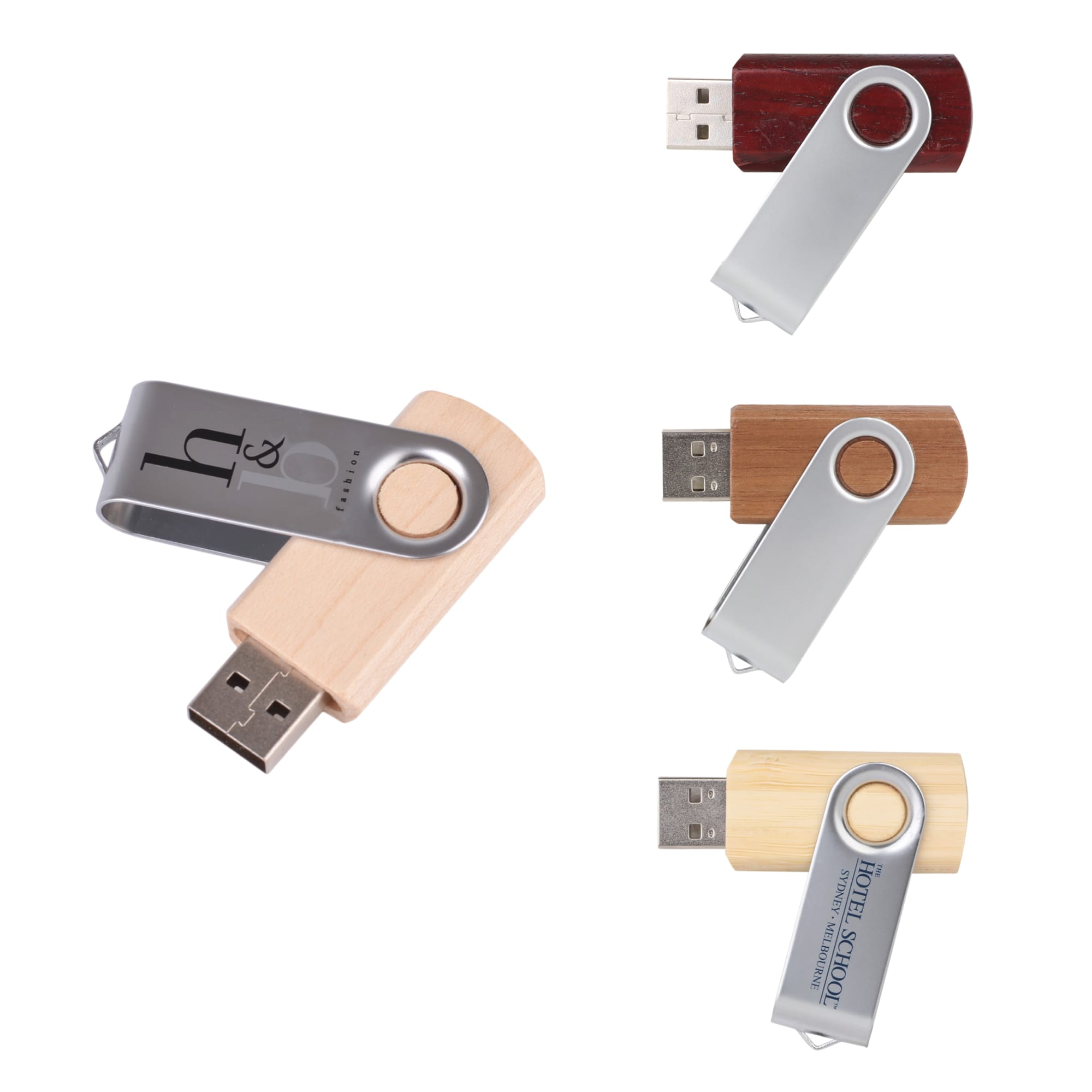 A collection of metal swivel wooden flash drives in various wood tones, featuring a metallic swivel and a logo. Metal Swivel Wooden Flash Drive - Image 1
