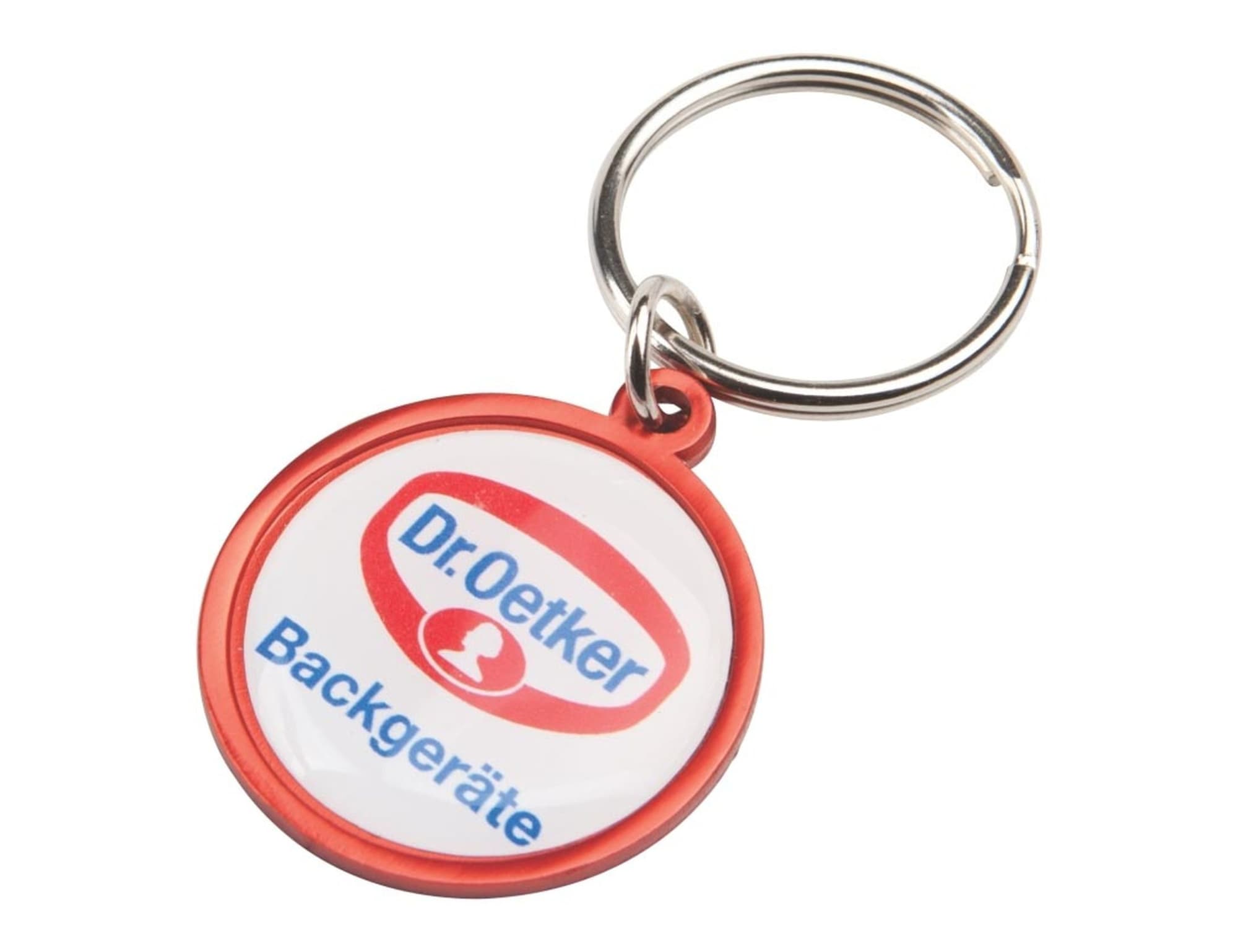 A round keyring featuring a red border and a central design with text. The keyring includes a metal keychain attachment. Rainbow Keyring (30mm round) - Indent - Image 1