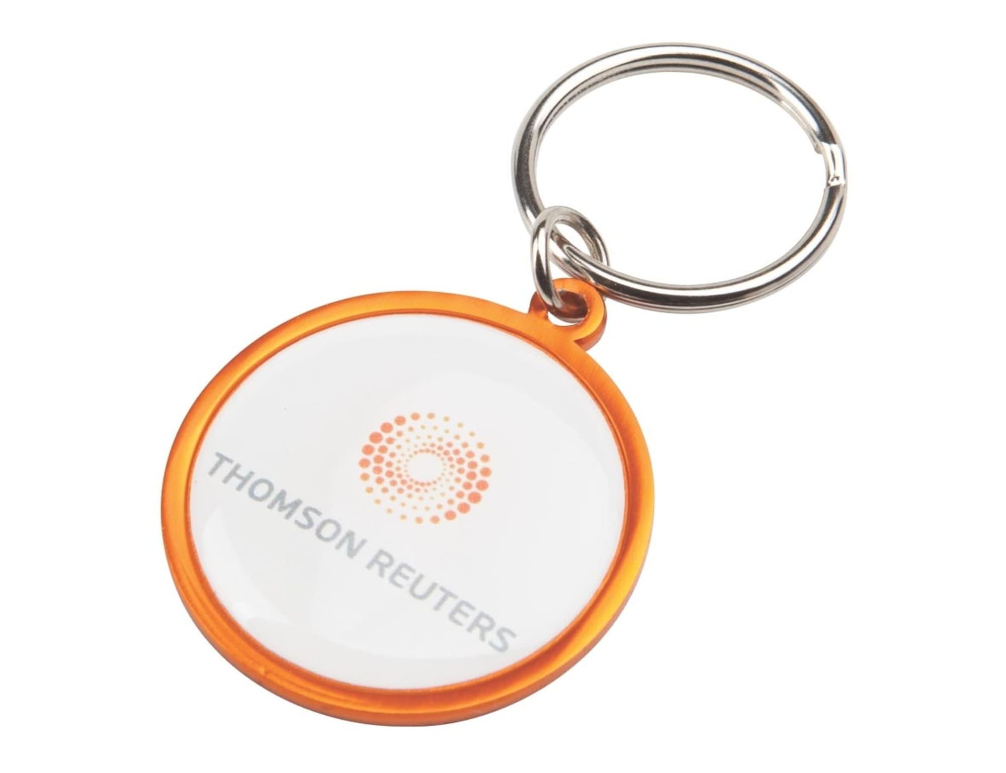 A round keyring with an orange border and a clear central section, featuring a logo. Rainbow Keyring (35mm round) - Indent - Image 1