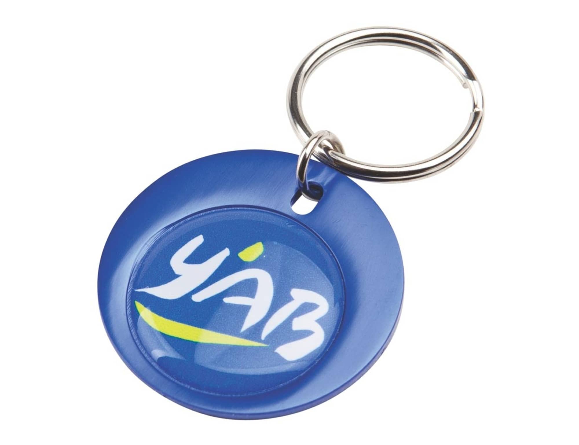A round blue keyring featuring a logo in the centre, attached to a silver keychain. Rainbow Keyring (37mm round) - Indent - Image 1