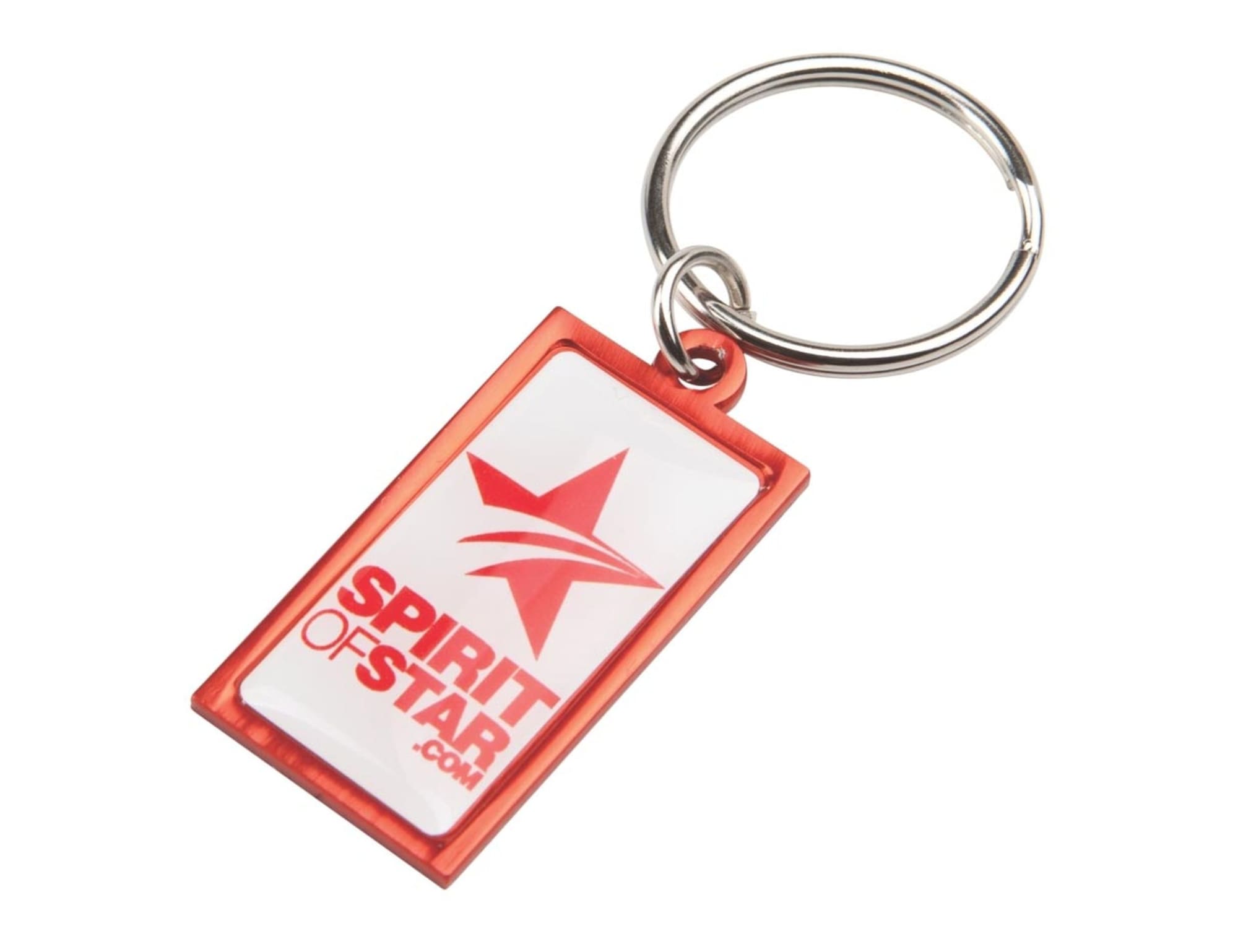 A rectangular red and white keyring with a silver keyring attachment and a logo. Rainbow Keyring (20x40mm rectangle)-Ind - Image 1