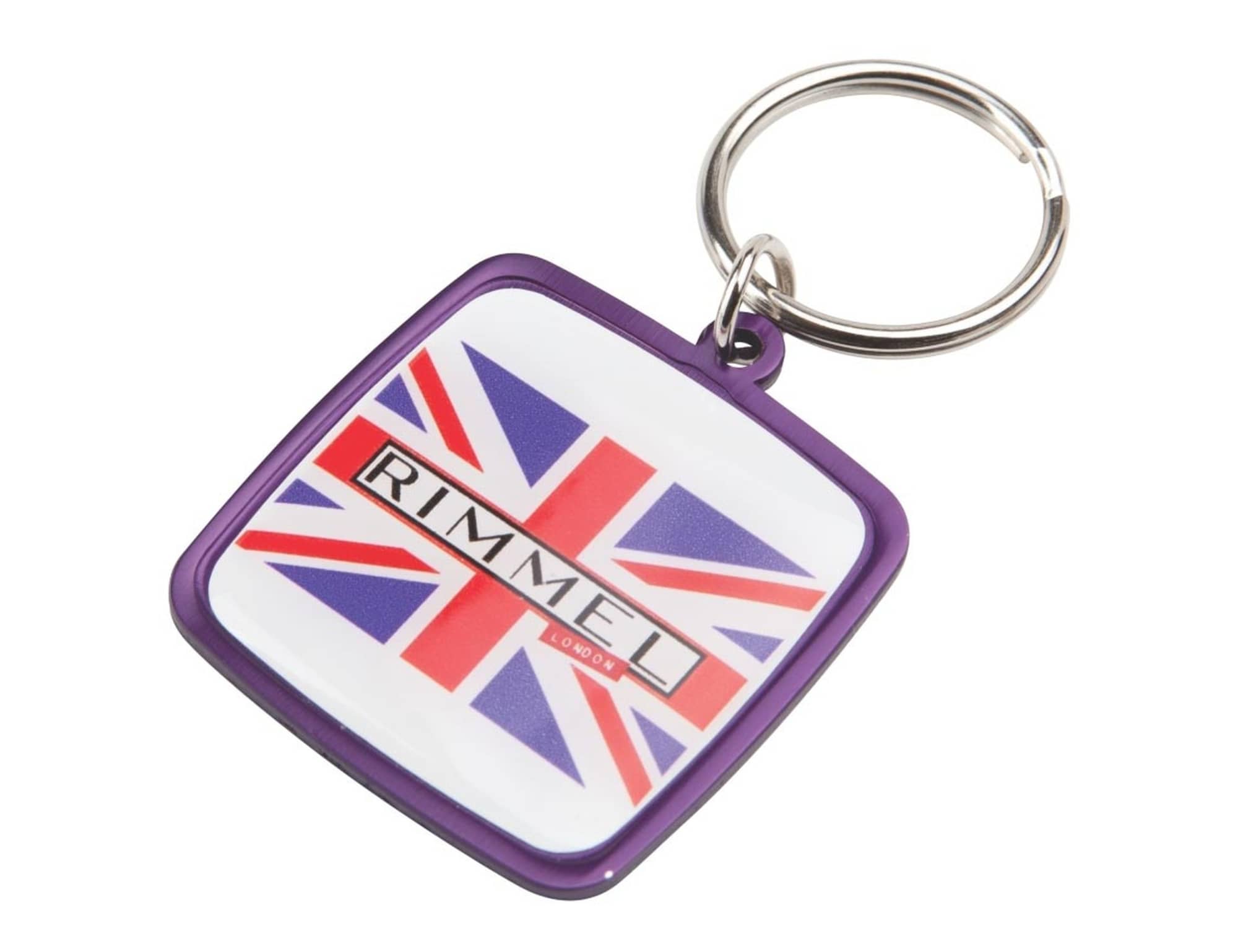 A square keyring featuring a British flag design, with a purple border and a logo. Rainbow Keyring (38x43mm square)-Indent - Image 1