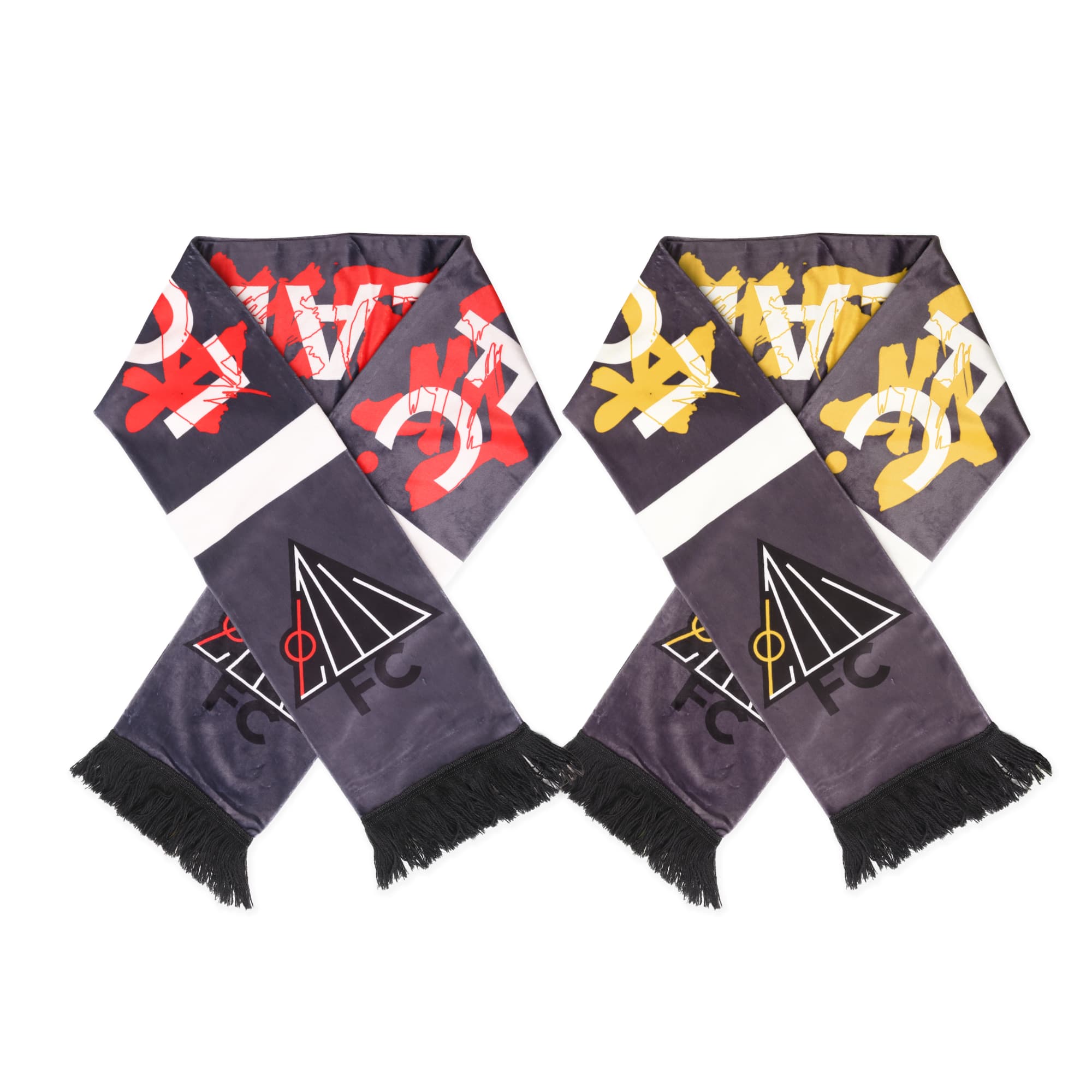 A silver and black velvet scarf with decorative patterns in red, yellow, and white, featuring a logo at one end. Silver Fox Velvet Scarf - Image 1