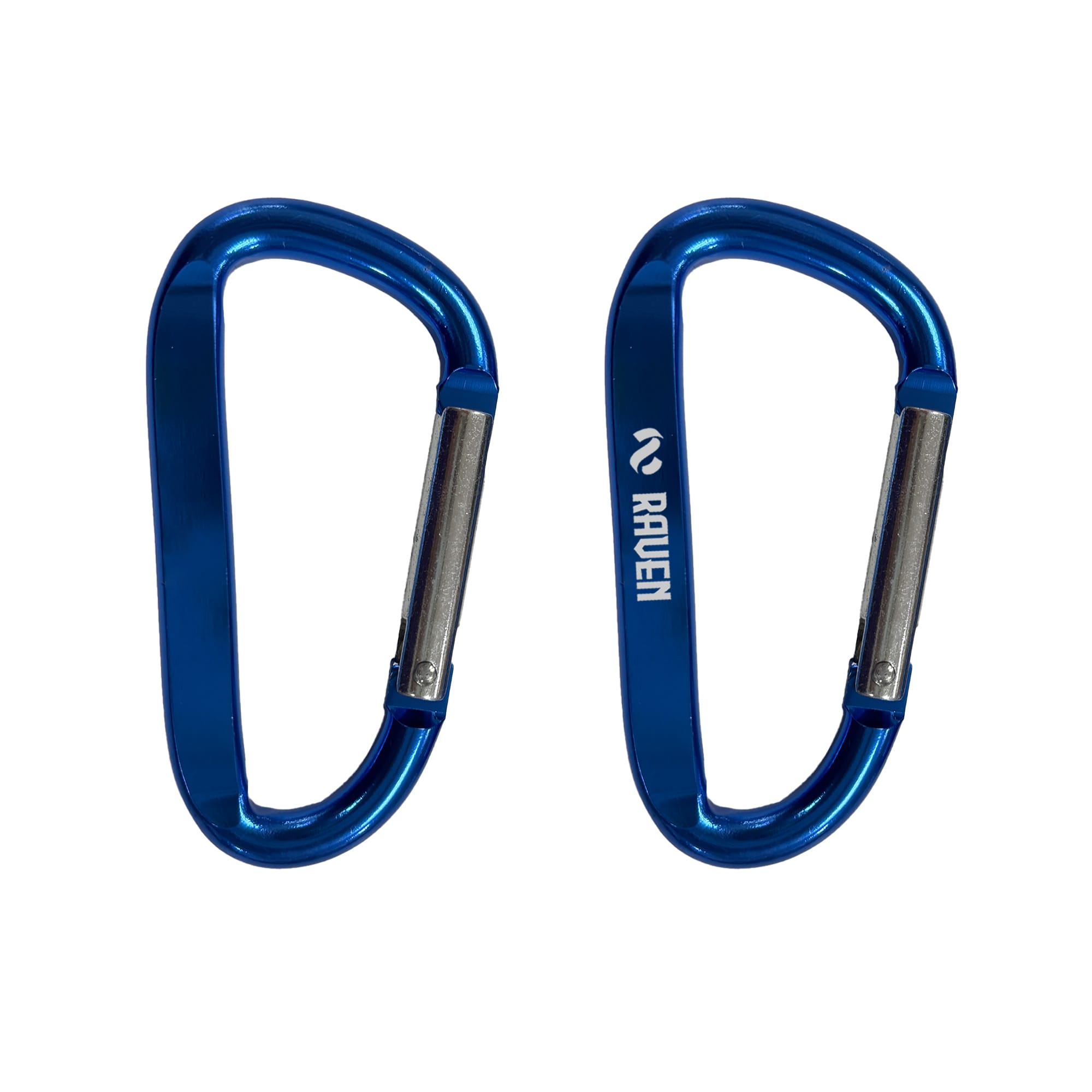 Two blue 8cm carabiners with a silver latch, featuring a logo on one side. 8cm Carabiner - Image 1