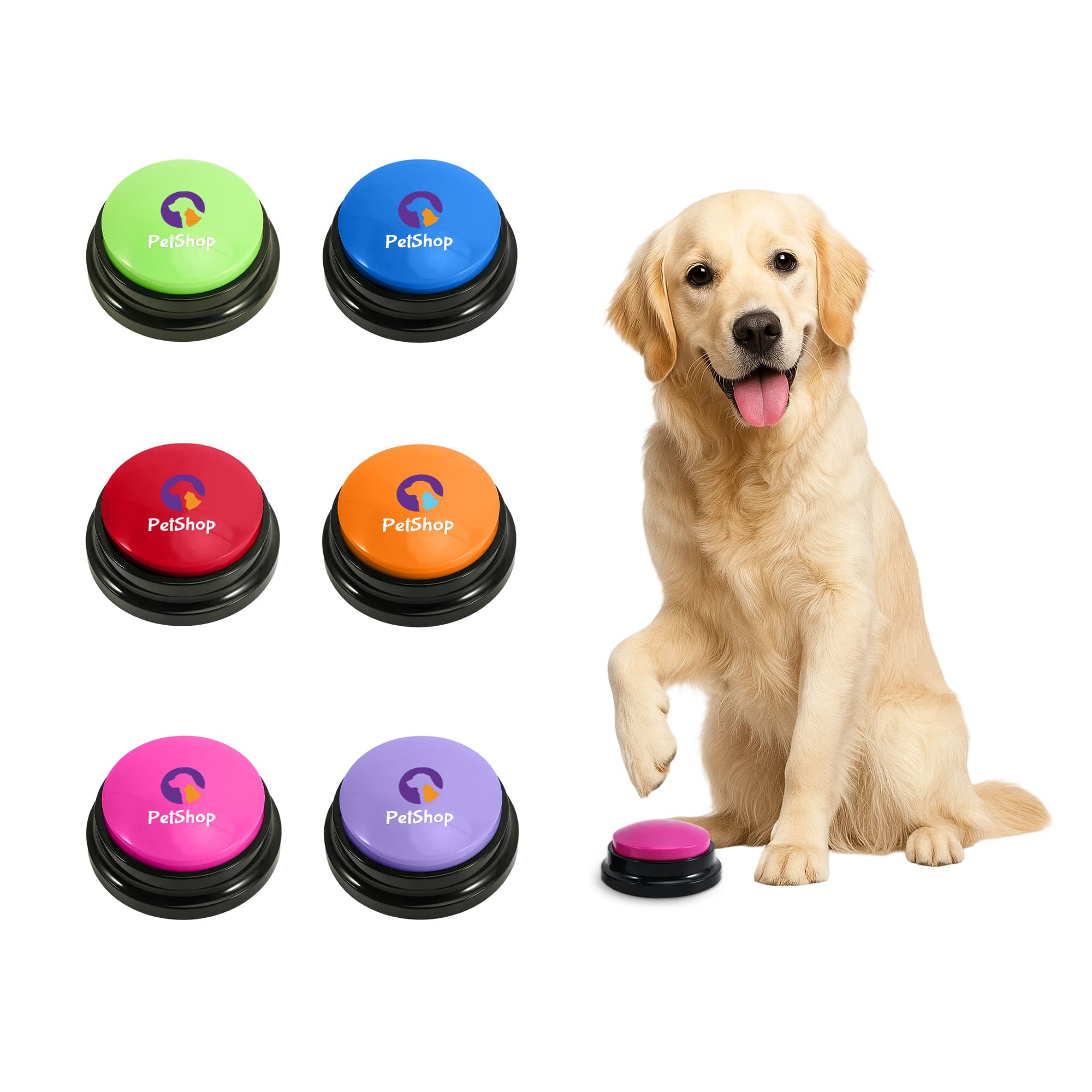 A collection of colourful voice recording buttons in blue, pink, purple, and orange, next to a golden retriever. Voice Recording Button - Image 1