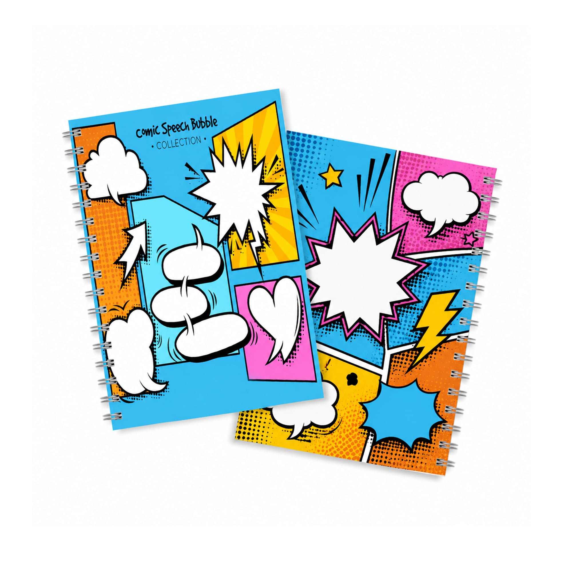 A5 full-colour wiro binding notebook featuring a vibrant comic speech bubble design in blue, pink, yellow, and orange. A5 Full Colour Wiro Binding NoteBook - Image 1