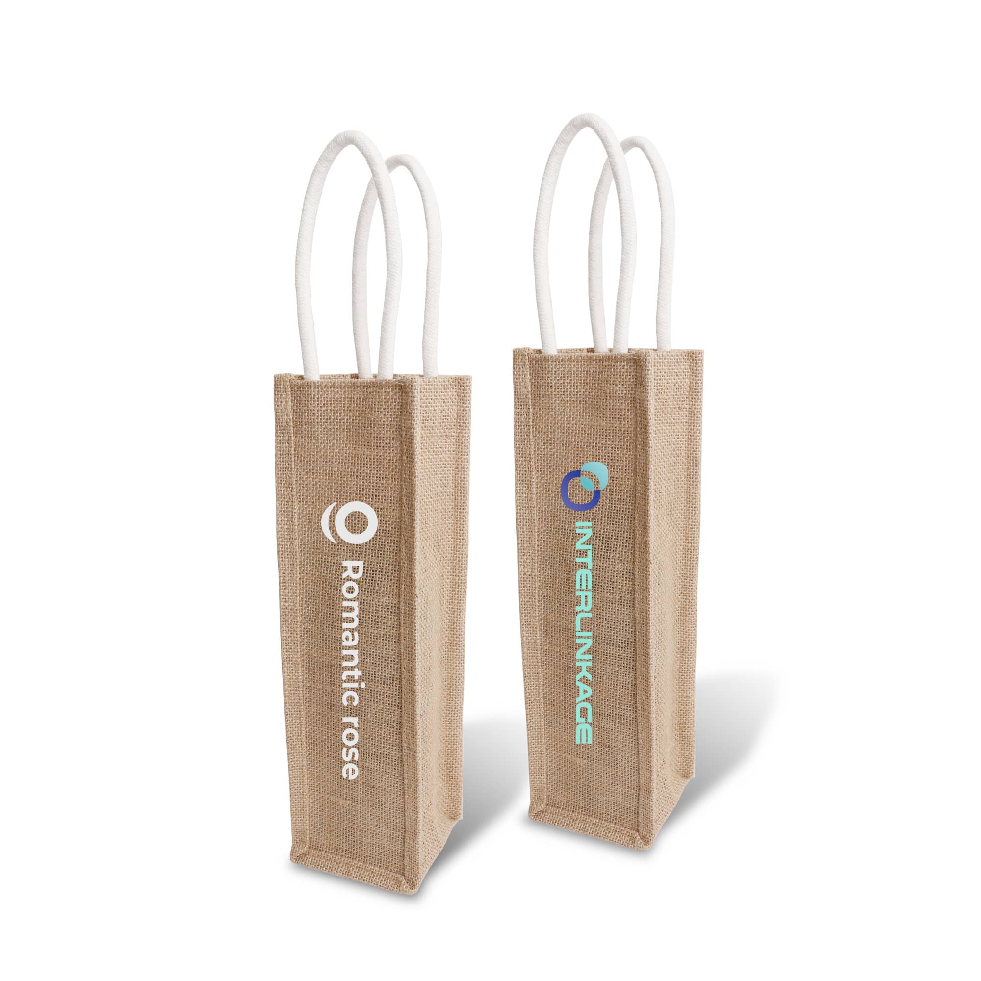 A jute wine carrier in natural brown featuring two compartments and white rope handles, with a logo. Jute Wine Carrier - Image 1