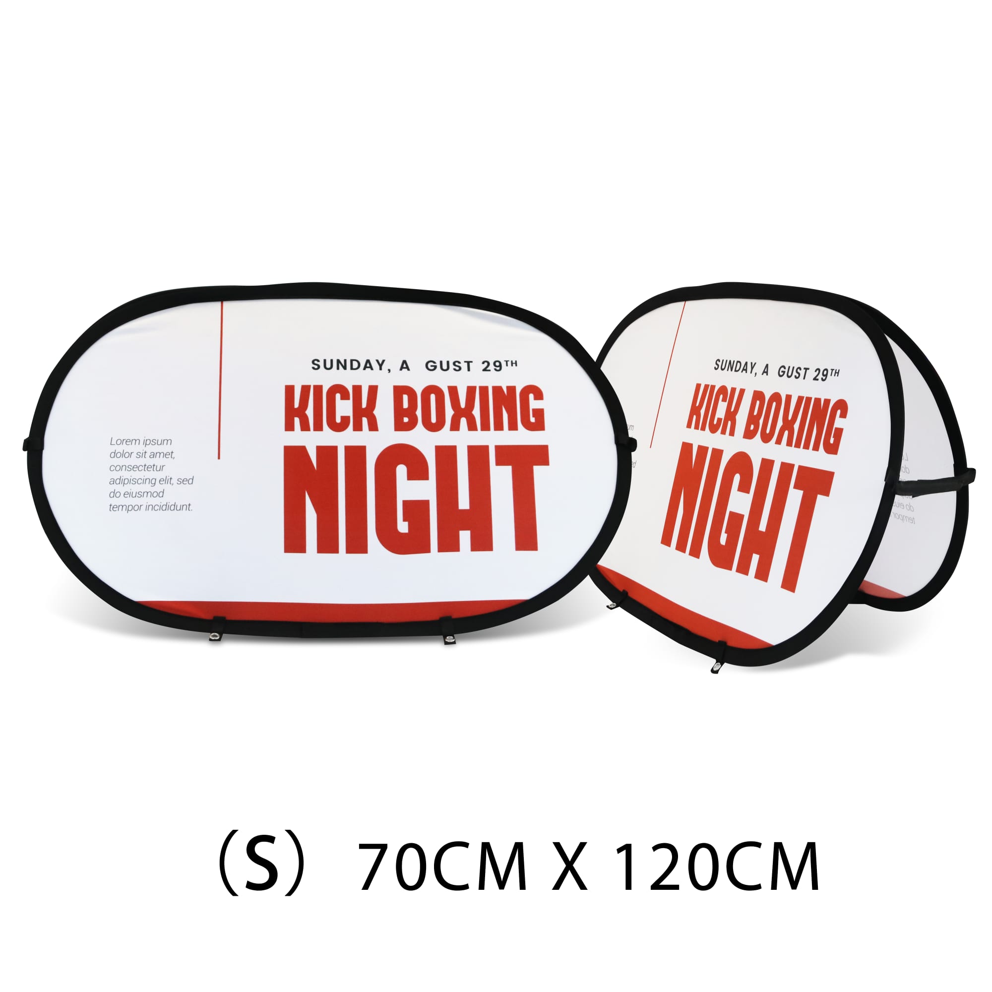A small horizontal pop-up banner featuring a predominantly white background with red text. It has a black trim and a logo. Oval Shaped Pop Up Banners (Small) - Image 1