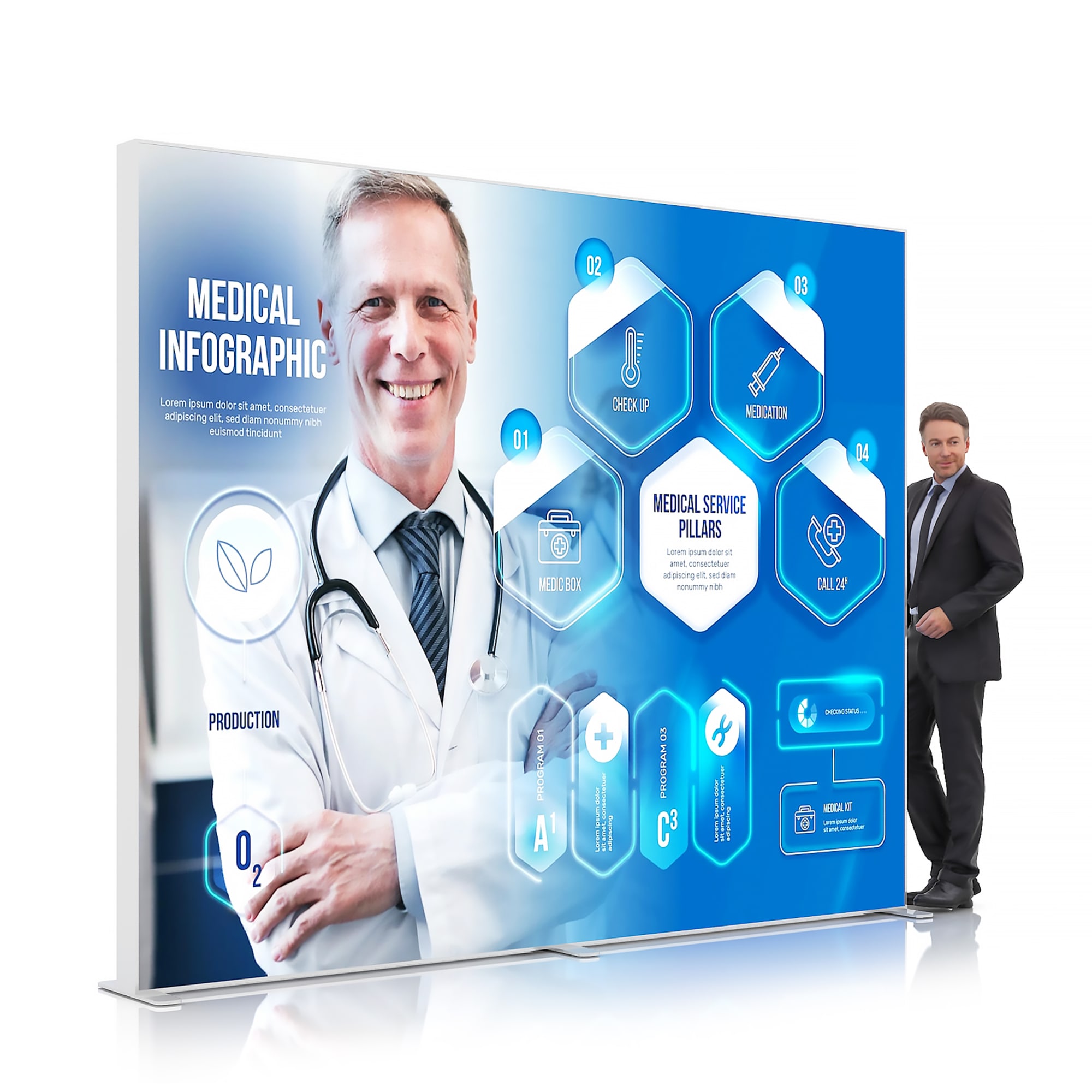 A backlit LED light box display featuring a blue and white design with medical graphics and two figures, one in a doctor's coat. SEG Backlit LED Light Box Display (300 x 240cm) - Image 1