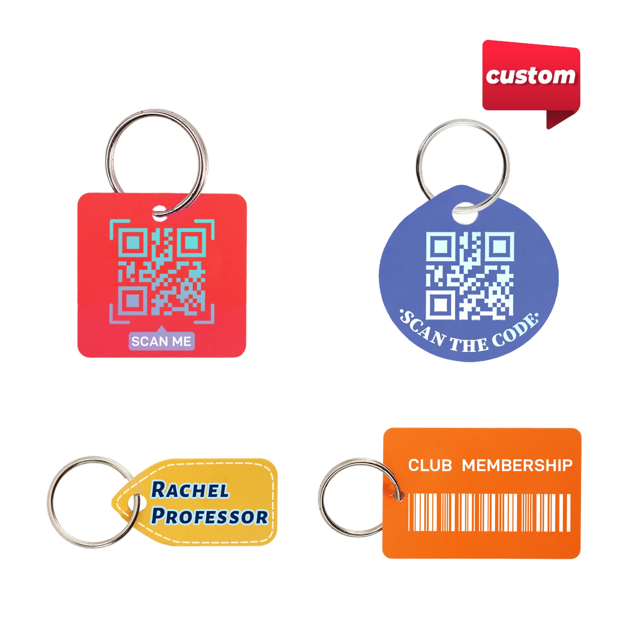 Custom shape plastic card key tags in red, blue, yellow, and orange, each with a keyring and unique QR code designs. Custom Shape Plastic Card Key Tags - Image 1
