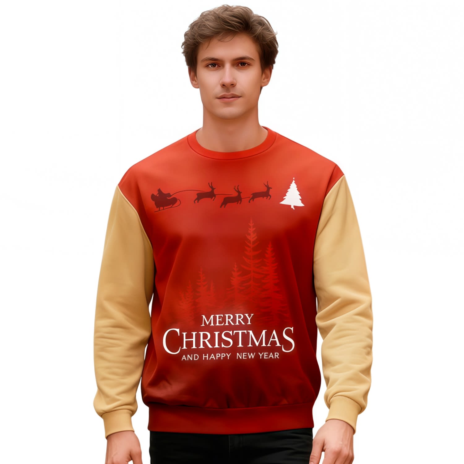 Unisex polyester spandex Christmas sweatshirt in red and beige, featuring a festive design with trees and reindeer. Unisex Adults Polyester Spandex Sublimated Christmas Sweatshirts - Image 1