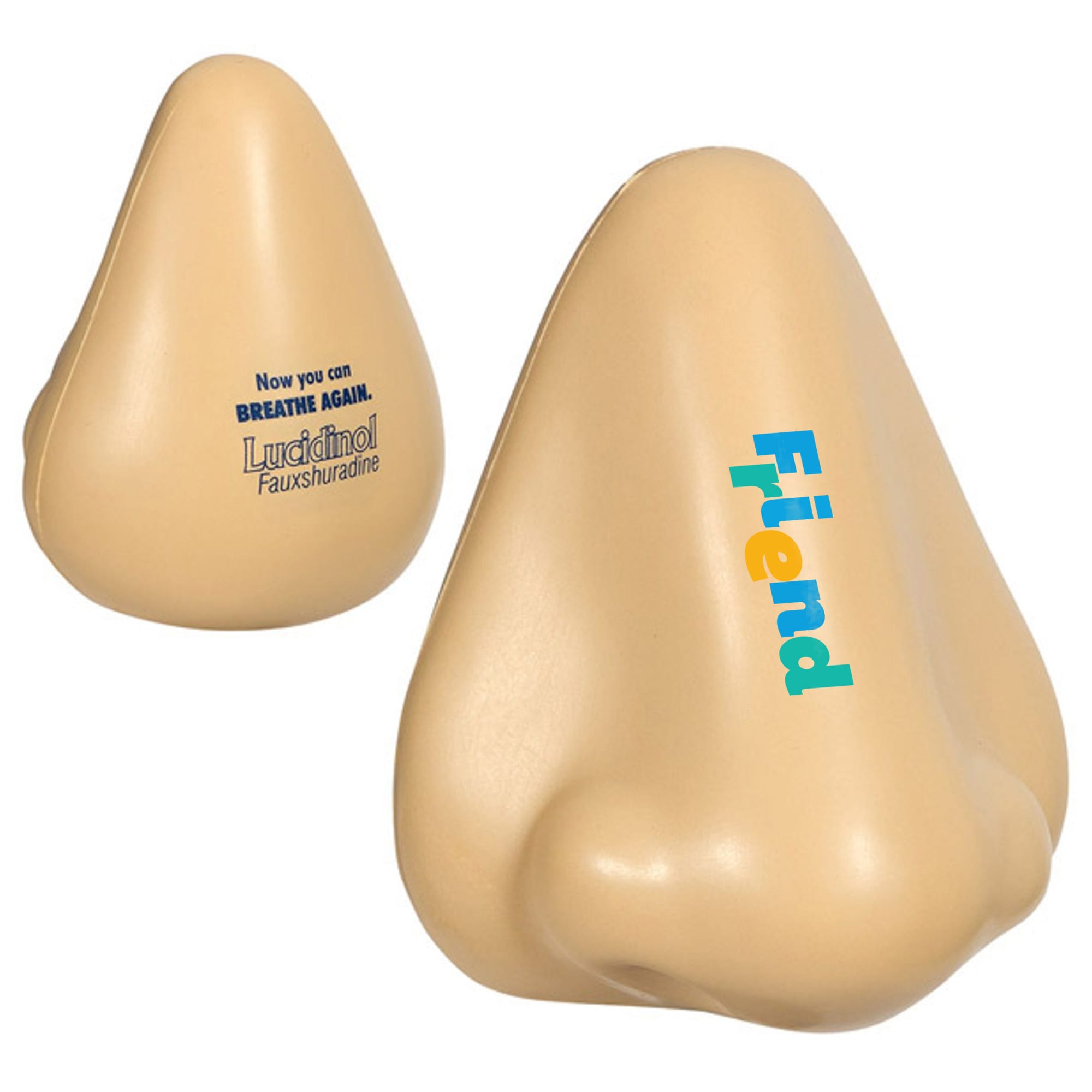 A beige stress reliever shaped like a nose, featuring text and a logo on its surface. Nose Shape Stress Reliever - Image 1