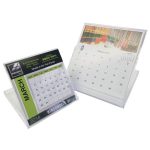 A desktop calendar stand featuring two calendars. One has a colourful background, while the other shows a clean white design.
