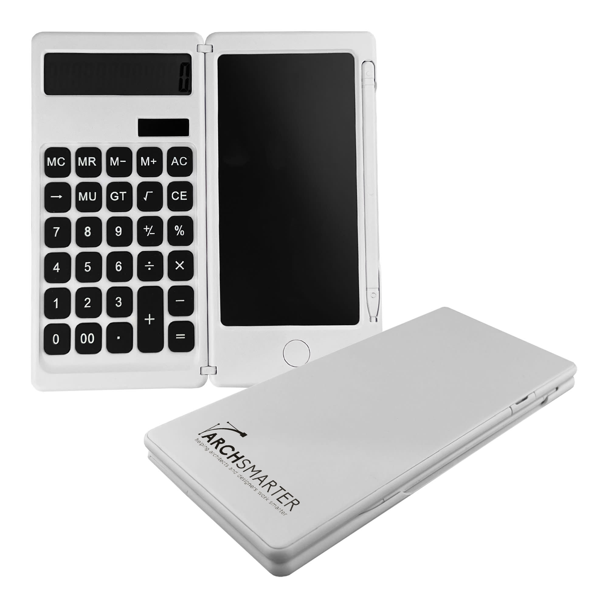 A white Note It Calculator with a flip cover, featuring a number pad and a display screen, along with a stylus. Note It Calculator - Image 1