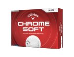 A box of white Callaway Chrome Soft golf balls, featuring three ball sleeves and branding with a logo.