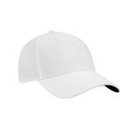 A white cap with a structured design and a black underside of the brim, featuring a logo.