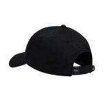 A black cap featuring a logo, designed with a curved brim and adjustable strap at the back.